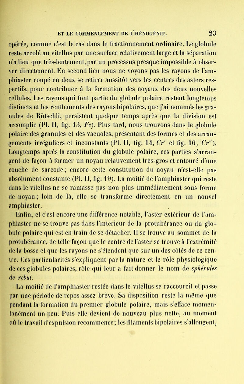 opéréC;, comme c’est le cas dans le fractionnement ordinaire. Le globule reste accolé au vitellus par une surface relativement large et la séparation n’a lieu que très-lentement, par un processus presque impossible à obser- ver directement. En second lieu nous ne voyons pas les rayons de l’am- phiaster coupé en deux se retirer aussitôt vers les centres des asters res- pectifs, pour contribuer à la formation des noyaux des deux nouvelles cellules. Les rayons qui font partie du globule polaire restent longtemps distincts et les renflements des rayonsbipolaires, que j’ai nommés les gra- nules de Bütschli, persistent quelque temps après que la division est accomplie (PI, II, fig, 13, Fc). Plus lard, nous trouvons dans le globule polaire des granules et des vacuoles, présentant des formes et des arran- gements irréguliers et inconstants (PI. II, fig. 14, Cr' et fig. 16, Cr). Longtemps après la constitution du globule polaire, ces parties s’arran- gent de façon à former un noyau relativement très-gros et entouré d’une couche de sarcode; encore cette constitution du noyau n’est-elle pas absolument constante (PI. II, fig. 19). La moitié de l’amphiaster qui reste dans le vitellus ne se ramasse pas non plus immédiatement sous forme de noyau ; loin de là, elle se transforme directement en un nouvel amphiaster. Enfin, et c’est encore une différence notable, l’aster extérieur de l’am- phiaster ne se trouve pas dans l’intérieur de la protubérance ou du glo- bule polaire qui est en train de se détacher. Il se trouve au sommet de la protubérance, de telle façon que le centre de l’aster se trouve à l’extrémité de la bosse et que les rayons ne s’étendent que sur un des côtés de ce cen- tre. Ces particularités s’expliquent par la nature et le rôle physiologique de ces globules polaires, rôle qui leur a fait donner le nom de sphérules de rebut. La moitié de l’amphiaster restée dans le vitellus se raccourcit et passe par une période de repos assez brève. Sa disposition reste la même que pendant la formation du premier globule polaire, mais s’efface momen- tanément un peu. Puis elle devient de nouveau plus nette, au moment où le travail d’expulsion recommence; les filaments bipolaires s’allongent.