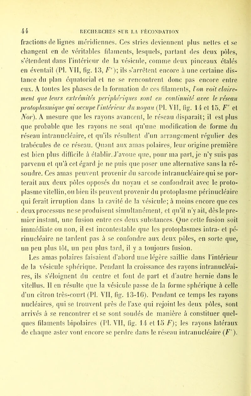 fractions de lignes méridiennes. Ces stries deviennent plus netlos et se changent en de véritables filaments, lesquels, parlant des deux pôles, s’étendent dans l’intérieur de la vésicule, comme deux pinceaux étalés en éventail (PI. YH, fig. 13, F'); ils s’arrêtent encore à une certaine dis- tance du plan équatorial et ne se rencontrent donc pas encore entre eux. A toutes les phases de la formation de ces filaments, l'on voit claire- ment que leurs extrémités périphériques sont en continuité avec le réseau protoplasmique qui occupe Vintérieur du noyau (PI. Vif, fig. 14 et 15, F' et No?'). A mesure que les rayons avancent, le réseau disparaît; il est plus que probable que les rayons ne sont qu’une modification de forme du réseau inlranucléaire, et qu’ils résultent d’un arrangement régulier des trabécules de ce réseau. Quant aux amas polaires, leur origine première est bien plus difficile à établii*.,l’avoue que, pour ma part, je n’y suis pas parvenu et qu’à cet égard je ne puis que poser une alternative sans la ré- soudre. Ces amas peuvent provenir du sarcode intranucléaire qui se por- terait aux deux pôles opposés du noyau et se confondrait avec le proto- plasmevitellin,ou bien ils peuvent provenir du protoplasme périnucléaire qui ferait irruption dans la cavité de la vésicule; à moins encore que ces . deux processus nese produisent simultanément, et qu’il n’y ait, dôsle pre- mier instant, une fusion entre ces deux substances. Que celte fusion soit immédiate ou non, il est incontestable que les protoplasmes inlra- et pé- rinucléaire ne lardent pas à se confondre aux deux pôles, en sorte que, un peu plus tôt, un peu plus tard, il y a toujours fusion. Les amas polaires faisaient d’abord une légère saillie dans l’intérieur de la vésicule sphérique. Pendant la croissance des rayons intranucléai- res, ils s’éloignent du centre et font de part et d’autre hernie dans le vilellus. Il en résulte que la vésicule passe de la forme sphérique à celle d’un citron très-court (PI. YII, fig. 13-16). Pendant ce temps les rayons nucléaires, qui se trouvent près de l’axe qui rejoint les deux pôles, sont arrivés à se rencontrer et se sont soudés de manière à constituer quel- ques filaments bipolaires (PI. Vil, fig. 14 et 15 F); les rayons latéraux de chaque aster vont encore se perdre dans le réseau inlranucléaire (F').