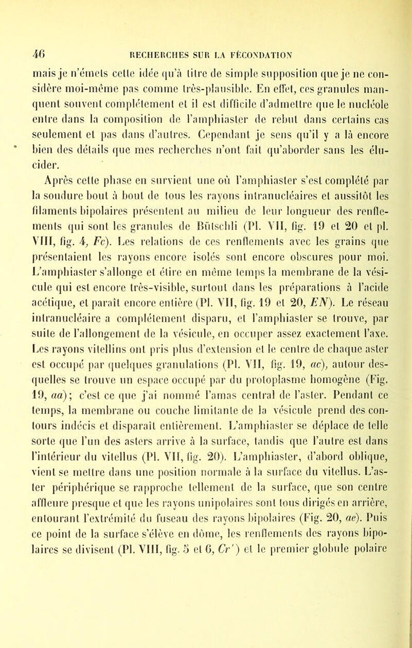 mais je n’émels celle idée qu’à liire de simple siipposilion que je ne con- sidère moi-même pas comme Irès-plausible. En effel, ces granules man- quent souvent complétemenl et il esl difficile d’admellre que le nucléole entre dans la composition de l’ampliiasler de rebut dans certains cas seulement et pas dans d’autres. Cependant je sens qu’il y a là encore bien des détails que mes reclierclies n’ont fait qu’aborder sans les élu- cider. A P rès celle phase en survient une où l’amphiasler s’est complété par la soudure bout à bout de tous les rayons inlranucléaires et aussitôt les filaments bipolaires présentent au milieu de leur longueur des renfle- ments qui sont les granules de Bülschli (PI. Ylï, lig. 19 et 20 et pl. VIII, fig. 4, Fc). Ijes relations de ces renflements avec les grains que présentaient les rayons encore isolés sont encore obscures pour moi. L’amphiaster s’allonge et étire en même temps la membrane de la vési- cule qui est encore très-visible, surtout dans les préparations à l’acide acétique, et paraît encore entière (Pl. VII, tig. 19 et 20, EN). Le réseau intranucléaire a complètement disparu, et l’amphiasler se trouve, par suite de rallongement de la vésicule, en occuper assez exactement l’axe. Les rayons vitellins ont pris plus d’extension et le centre de chaque aster esl occujié par quelques granulations (Pl. YÎI, flg. 19, ac), autour des- quelles se trouve un espace occupé par du protoplasme homogène (Fig. 19, aa)\ c’est ce que j’ai nommé l’amas central de l’aster. Pendant ce temps, la membrane ou couche limitante de la vésicule prend des con- tours indécis et disparaît entièrement. L’amphiasler se déplace de telle sorte que fun des asters arrive à la surface, tandis que l’autre esl dans l’intérieur du vilellus (Pl. YII, tig. 20). L’amphiaster, d’abord oblique, vient se mettre dans une position normale à la surface du vilellus. L’as- ter périphérique se rapproche tellement de la suiface, que son centre affleure presque et que les rayons unipolaires sont tous dirigés en arrière, entourant l’extrémité du fuseau des rayons bipolaires (Fig. 20, aé). Puis ce point de la surface s’élève en dôme, les renflements des rayons bipo- laires se divisent (Pl. YIII, fig. 6 et 6, Cr') et le premier globule polaire