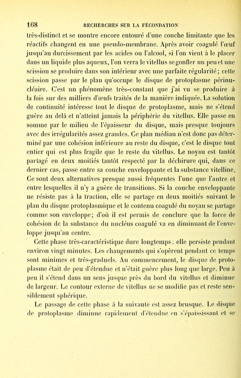 très-distinct et se montre encore entouré d’une couche limitante que les réactifs changent en une pseudo-membrane. Après avoir coagulé l’œuf jusqu’au durcissement par les acides ou l’alcool, si l’on vient cà le placer dans un liquide plus aqueux, l’on verra levitellus se gonfler un peu et une scission se produire dans son intérieur avec une parfaite régularité; cette scission passe par le plan qu’occupe le disque de protoplasme périnu- cléaire. C’est un phénomène très-constant que j’ai vu se produire à la fois sur des milliers d’œufs traités de la manière indiquée. La solution de continuité intéresse tout le disque de protoplasme, mais ne s’étend guère au delà et n’atteint jamais la périphérie du vitellus. Elle passe en somme par le milieu de l’épaisseur du disque, mais presque toujours avec des irrégularités assez grandes. Ce plan médian n’est donc pas déter- miné par une cohésion inférieure au reste du disque, c’est le disque tout entier qui est plus fragile que le reste du vitellus. Le noyau est tantôt partagé en deux moitiés tantôt respecté par la déchirure qui, dans ce dernier cas, passe entre sa couche enveloppante et la substance vitelline. Ce sont deux alternatives presque aussi fréquentes l’une que l’autre et entre lesquelles il n’y a guère de transitions. Si la couche enveloppante ne résiste pas à la traction, elle se partage en deux moitiés suivant le plan du disque protoplasmique et le contenu coagulé du noyau se partage comme son enveloppe; d’où il est permis de conclure que la force de cohésion de la substance du nucléus coagulé va en diminuant de l’enve- loppe jusqu’au centre. Cette phase très-caractéristiciue dure longtemps; elle persiste pendant environ vingt minutes. Les changements qui s’opèrent pendant ce temps sont minimes et très-graduels. Au commencement, le disque de proto- plasme était de peu d’étendue et n’était guère plus long que large. Peu à peu il s’étend dans un sens jusque près du bord du vitellus et diminue de largeur. Le contour externe de vitellus ne se modifie pas et reste sen- siblement sphérique. Le passage de cette phase à la suivante est assez brusque. Le disque de protoplasme diminue rapidement d’étendue en s’épaississant et se