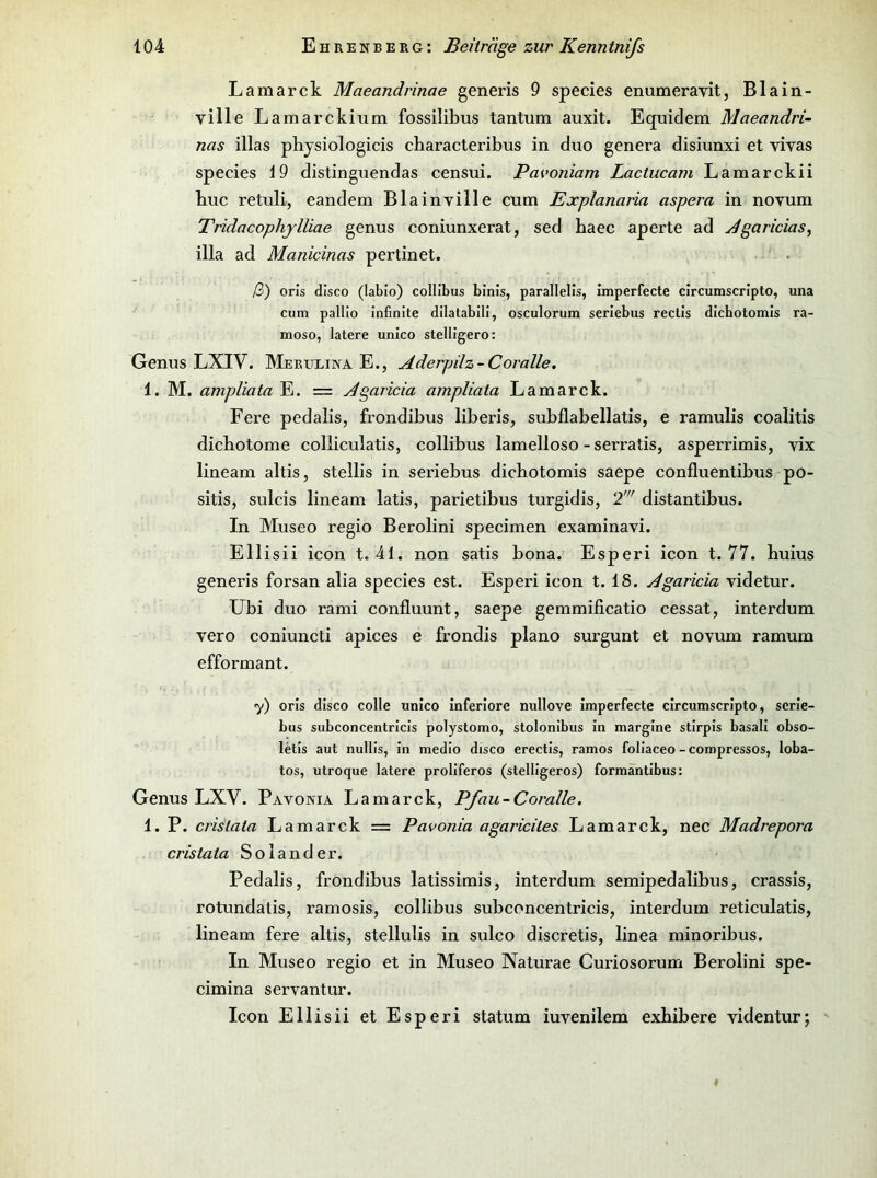 Lamarck Maeandrinae generis 9 species enumeravit, Blain- ville Lamarckium fossilibus tantum auxit. Equidem Maeandri- nas illas physiologicis characteribus in duo genera disiunxi et vivas species 19 distinguendas censui. Pavoniam Lactucam Lamarckii buc retuli, eandem Blainville cum Explanaria aspera in novum Tridacophylliae genus coniunxerat, sed baec aperte ad y4garicias, illa ad Manicinas pertinet. ß) oris disco (labio) collibus binis, parallells, imperfecte circumscripto, una cum palllo infinite dilatabili, osculorum seriebus reclis dichotomis ra- moso, latere unico stelligero: Genus LXIV. Merulina E., Aderpüz-Coralle. 1. M. ampliata E. = Agaricia ampliata Lamarck. Fere pedalis, frondibus liberis, subflabellatis, e ramulis coalitis dicbotome colliculatis, collibus lamelloso - serratis, asperrimis, vix lineam altis, stellis in seriebus dichotomis saepe confluentibus po- sitis, sulcis lineam latis, parietibus turgidis, 2' distantibus. In Museo regio Berolini specimen examinavi. Ellisii icon t. 41. non satis bona. Esperi icon t. 77. huius generis forsan alia species est. Esperi icon t. 18. Agaricia videtur. Ubi duo rami confluunt, saepe gemmificatio cessat, interdum vero coniuncti apices e frondis plano surgunt et novum ramum efformant. 7) oris disco colle unico inferiore mdlove imperfecte circumscripto, scrie- bus subconcentricis polystomo, stolonibus in margine stirpis basali obso- letis aut nullis, in medio disco erectis, ramos foliaceo - compressos, loba- tos, utroque latere proliferos (stelligeros) formäntibus: Genus LXV. Pavonia Lamarck, Pfau-Coralle. 1. P. crislata Lamarck = Pavonia agaricites Lamarck, nec Madrepora cristala Solander. Pedalis, frondibus latissimis, interdum semipedalibus, crassis, rotundatis, ramosis, collibus subconcentricis, interdum reticulatis, lineam fere altis, stellulis in sulco discretis, linea minoribus. In Museo regio et in Museo Naturae Curiosorum Berolini spe- cimina servantur. Icon Ellisii et Esperi statum iuvenilem exhibere videntur;