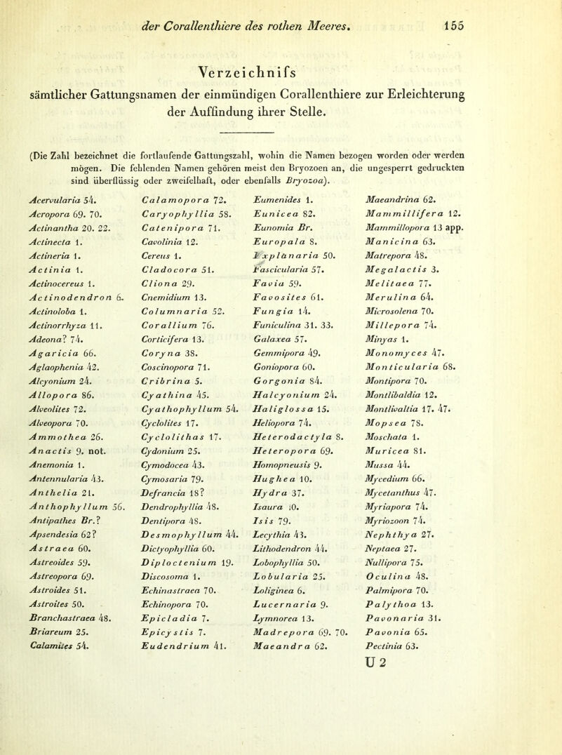 Verzeichnifs sämtlicher Gattungsnamen der einmündigen Corallenthiere zur Erleichterung der Auffindung ihrer Stelle. (Die Zahl bezeichnet die fortlaufende Gattungszahl, wohin die Namen bezogen worden oder werden mögen. Die fehlenden Namen gehören meist den Bryozoen an, die ungesperrt gedruckten sind überflüssig oder zweifelhaft, oder ebenfalls Bryozoa). Acervularia 54. Acropora 69. 70. Actinantha 20. 22. Actinecla 1. Actineria 1. Actinia 1. Actinocereus 1. Actinodendron 6. Actinoloba 1. Actinorrhyza 11. Adeonai 74. Agaricia 66. Aglaophenia 42. Alcyonium 24. Allopo ra 86. Alveolites 72. Alveoporu 70. Ammolhea 26. Anactis 9. not. Anemonia 1. Antennularia 4.3. Anthelia 21. AnthophyHum 56. Antipathes ßr. ? Apsendesia 62? As traea 60. Astreoides 59» Astreopora 69. Astroides 51. Aslroiles 50. Branchastraea 48. Briareum 25. Calamites 54. Calamopora 72. Caryophyllia 58. Catenipora 71. Cavolinia 12. Cereiis 1. Cladocora 51. CI io na 29. Cnemidium 13. Columnaria 52. Corallium 76. Corticifera 13. Cory na 38. Coscinopora 71. Cribrina 5. Cyathina 45. Cyathophyllum 54. Cyclolites 17. Cyclolithas 17. Cydonium 25. Cymodocea 43. Cymosaria 79- Defrancia 18? Dendrophyllia 48. Dentipora 48. De smophyHum 44. Dictyophyllia 60. Diploctenium 19. Discosoma 1. Echinastraea 70. Echinopora 70. Epicladia 7. Epicyslis 7. Eudendrium 4l. Eumenides 1. Eunicea 82. Eunomia Br. Europala 8. hxplünaria 50. t'ascicularia 57. Fa via 59‘ Favosites 6l. Fungia l4. Funiculina 31. 33. Galaxea 51. Gemmipora 49. Goniopora 60. Gorgonia S4. Halcyoniurn 24. Haliglo s s a 15. Heliopora 74. He terodac ty la 8. Heteropora 69. Homopneusis 9. Hu ghea 10. Hydra 37. Jsaura iO. Isis 19. Lecythia 43. Lithodendron 44. Lobophyllia 50. Lobularia 25. LoUginea 6. Lucernaria 9- Lymnorea 13. Madrepora 69- 70. Maeandr a 62. Maeandrina 62. Mammillifera 12. Mammillopor a 13 app. Manicina 63. Matrepora 48. Megalactis 3. Me litaea 11, Mer ulin a 6h, Microsolena 70. Millepora 74. Minyas 1. Monomyces hl. Mo n ticul aria 68. Montipora 70. Montlibaldia 12. Montlivaltia 17. 47. Mopsea 78. Moschata 1. Muricea 81. Mussa 44. Mycedium 66, Mycetanthus hl. Myriapora Ih. Myriozoon Ih. Nephthya 27. Neptaea 21. Nullipora 15. Oculina 48. Palmipora 70. Palythoa 13. Pavon aria 31. Pavonia 65. Pectinia 63.