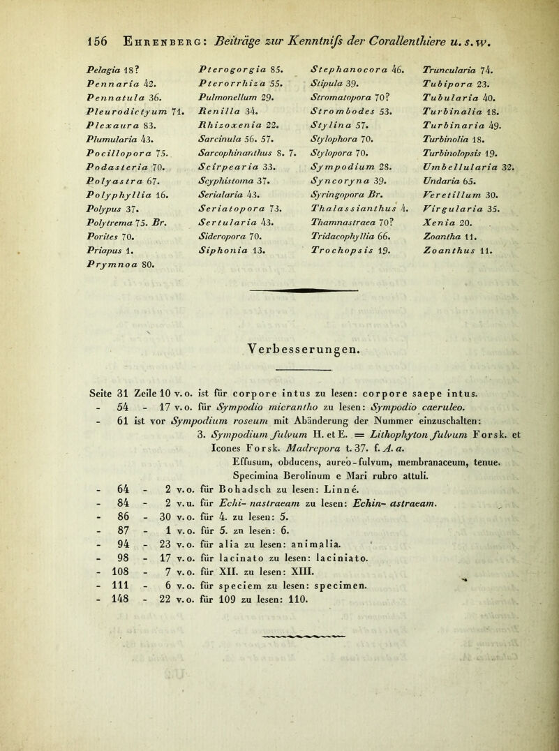 Pelagia 18? Pen naria 42. Pennatula 36. Pleurodictjum 71. Pie xaiira 83. Plumularia 43. Pocillopora 75. Podasieria 70. Polyastra 67. Polyphyllia l6. Polypus 37. Polytrema 75. Br. Porites 70. Priapus 1. Prymnoa 80. Pterogorgia 85. Pterorrhiza 55. Pulmonellum 29. Renilla 34. Rhizoxenia 22. Sarcinula 56. 57. Sarcophinanthus 8. 7. Scirpearia 33. Scyphistoma 37. Serialaria 43. Seriatopora 73. Sertularia 43. Sideropora 70. Siphon ia 13. Stephanocora 46. Stipula 39. Stromatopora 70? Strombodes 53. Stylina 57. Stylophora 70. Stylopora 70. Sympodium 28. iSyncoryna 39‘ Syringopora Br. Thalassianthus 4. Thamnastraea 70? Tridacopliyllia 66. Trochopsis 19. Truncularia 74. Tubipora 23. Tubularia 40. Turbinalia 18. Turbinaria 49* TurbinoUa 18. Turbinolopsis 19. Umbellularia 32. Undaria b5. Veretillum 30. Virgularia 35. Xenia 20. Zoantha 11. Zo anthus 11. Verbesserungen. Seite 31 Zeile 10 v.o. ist fiir corpore intus zu lesen: corpore saepe intus. 54-17 V. o. für Sympodio micranlho zu lesen: Sympodio caerulea. 61 ist vor Sympodium roseum mit Abänderung der Nummer einzuschalten: 3. Sympodium fulvum H. et E. = Lithophyton J'ulvum Forsk. et Icones Forsk. Madrepora t. 37. i. A. a. Effusum, obducens, aureb-fulvum, membranaceum, tenue. Specimina Berolinum e Mari rubro attuli. 64 - 2 v.o. 84 - 2 V. u. 86 - 30 V. 0. 87 - 1 V. 0. 94 - 23 V. 0. 98 - 17 v.o. 108 - 7 V. 0. 111 - 6 V. 0. 148 - 22 v.o. Echin- astraeam. für 5. zn lesen: 6. lalia. für XII. zu lesen: XIII.