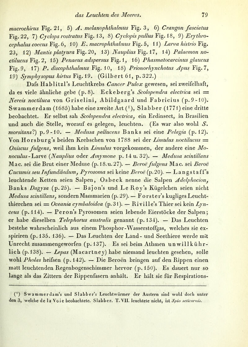 macrochinis Fig. 21, S) A. melanoplithalmus Fig. 3, 6) Crangon fasciatus Fig. 22, 1) Cjclops rostratiisS) Cyclopispullus 9) Erjthro- cephalus coecus Fig. 6, 10) E. macrophthalmus Fig. 5, 11) Larva hislrio Fig. 23, 12) Mantis plalfura ¥i^. 20, 13) Nauplius iT, 14) Palaemon no~ ctilucus 2, 15) Penaeus adspersus \, 16) Phasmatocarcinus glaucus Fig. 9, 17) P. discophthalmus Fig. 10, 18) Prionorhjncholus Apus Fig. 7, 19) Sjmphysopus hirtus Fig. 19. (Gilbert 61, p.322.) Dafs Hablitzl’s Leuchtkrebs Cancer Pulex gewesen, sei zweifelhaft, da es viele ähnliche gebe (p.8). Eckeberg’s Scolopendra electrica sei = Nereis noctiluca von Griselini, Abildgaard und Fabricius (p.9-10). Swammerdam (1685) habe eine zweite Art (^), Slabber (1771) eine dritte beobachtet. Er selbst sah Scolopendra electrica^ ein Erdinsect, in Brasilien und auch die Stelle, worauf es gelegen, leuchten. (Es war also wohl S. morsitansl) p.9-10. — Medusa pellucens Banks sei eine Pelagia (p. 12). Von Horsburg’s beiden Krebschen von 1788 sei der Limulus noctilucus — Oniscus fulgens, weil ihm kein Limulus vorgekommen, der andere eine Mo- noculus- {Nauplius oder Amjmone p. 14u. 32). — Medusa sciniillans Mac. sei die Brut einer Meduse (p. 18.u.27). — Beroe fulgens Mac. sei Beroe Cucumis seu Infundibulum ^ Pjrosoma sei keine Beroe (p. 20). — Langstaff’s leuchtende Ketten seien Salpen, Osbeck nenne die Salpen Adelphocioiij Banks Dagjsa (p.25). — Bajon’s und Le Roy’s Kügelchen seien nicht Medusa scintillans, sondernMammarien (p. 29). — Forster’s kugliges Leucht- thierchen sei = Oceania cymhaloidea (p. 31). — Riville’s Thier sei kein Ljn- ceus (p. 114). — Peron’s Pyrosomen seien lebende Eierstöcke der Salpen; er habe dieselben Telephorus australis genannt (p. 134). — Das Leuchten bestehe wahrscheinlich aus einem Phosphor-WasserstofTgas, w'elches sie ex- spiriren (p. 135. 136). — Das Leuchten der Land- und Seethiere werde mit Unrecht zusammengeworfen (p. 137). Es sei beim Athmen unwillkühr- lich (p. 138). — Lepas (Macartney) habe niemand leuchten gesehen, solle wohl Pliolas heifsen (p. 142). — Die Beroen bringen auf den Rippen einen matt leuchtenden Regenbogenschimmer hervor (p. 150). Es dauert nur so lange als das Zittern der Rippenfasern anhält. Er hält sie für Respirations- (') Swammerdam’s und Slabber’s Leucbtwürmer der Austern sind wohl doch unter den 3, welche de la Voie beobachtete. Slabber. T. VII. leuchtete nicht, ist Spio seticornis.
