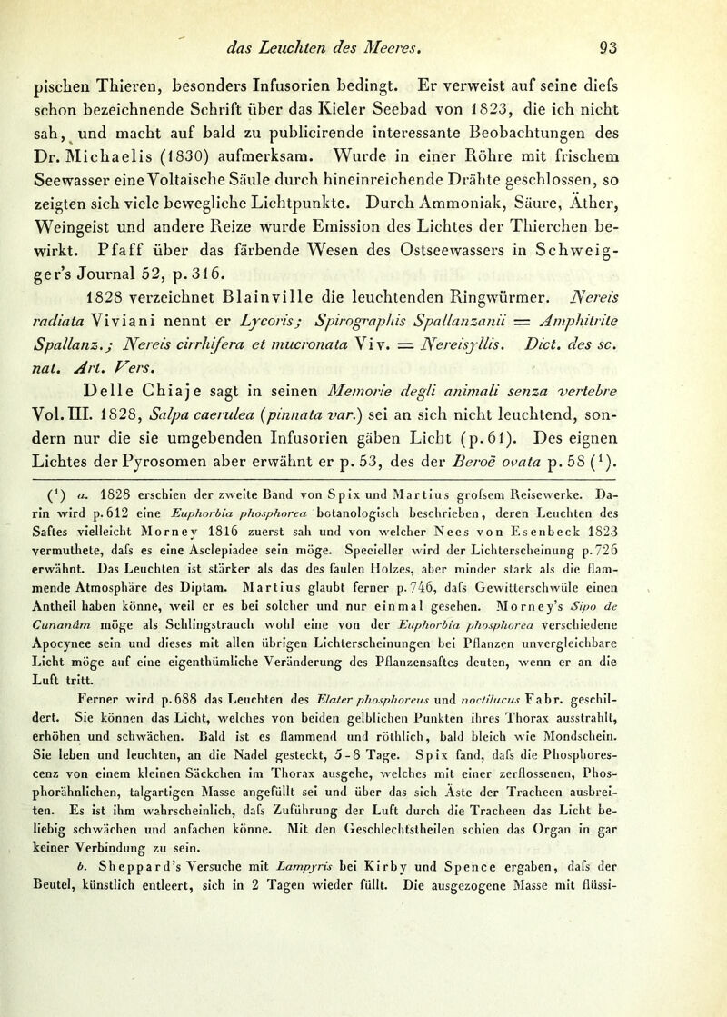 pischen Thieren, besonders Infusorien bedingt. Er verweist auf seine diefs schon bezeichnende Schrift über das Kieler Seebad von 1823, die ich nicht sah, und macht auf bald zu publicirende interessante Beobachtungen des Dr. Michaelis (1830) aufmerksam. Wurde in einer Röhre mit frischem Seewasser eine Voltaische Säule durch hineinreichende Drähte geschlossen, so zeigten sich viele bewegliche Lichtpunkte. Durch Ammoniak, Säure, Äther, Weingeist und andere Reize wurde Emission des Lichtes der Thierchen be- wirkt. Pfaff über das färbende Wesen des Ostseewassers in Schweig- ger’s Journal 52, p.316. 1828 verzeichnet Blainville die leuchtenden Ringwmrmer. JVereis radiata Viviani nennt er Lycovis; Spirngraphis Spallanzanü = Amphitrile Spallanz.j Nereis cirrhifera et mucronata Viv. = NereisjUis. Dict. des sc. nat, Art. Vers. Delle Chiaje sagt in seinen Memorie degli animali senza vertehre Vol.TII. 1828, Salpa caerulea [pinnata var.) sei an sich nicht leuchtend, son- dern nur die sie umgebenden Infusorien gäben Licht (p.61). Des eignen Lichtes derPjrosomen aber erwähnt er p. 53, des der Beroe ovata p. 58 (^). (’) a. 1828 erschien der zweite Band von Spix und Martins grofsem Reisewerke. Da- rin wird p. 612 eine Euphorbia botanologisch beschrieben, deren Leuchten des Saftes vielleicht Morney 1816 zuerst sah und von welcher Necs von Esenbeck 1823 vermuthete, dafs es eine Asclepiadee sein möge. Specieller wird der Lichterscheinung p. 726 erwähnt. Das Leuchten Ist stärker als das des faulen Holzes, aber minder stark als die flam- mende Atmosphäre des Diptam. Martlus glaubt ferner p.746, dafs Gewitterschwüle einen Anthell haben könne, weil er es bei solcher und nur einmal gesehen. Morney’s Sipo de Cunanäm möge als Schlingstrauch wohl eine von der Euphorbia phosphorea verschiedene Apocynee sein und dieses mit allen übrigen Lichterscheinungen bei Pflanzen unvergleichbare Licht möge auf eine eigenthümllche Veränderung des Pflanzensaftes deuten, wenn er an die Luft tritt. Ferner wird p. 688 das Leuchten des Elater plwsphoreus imi nodilucus Yühr. geschil- dert. Sie können das Licht, welches von beiden gelblichen Punkten Ihres Thorax ausstrahlt, erhöhen und schwächen. Bald Ist es flammend und röthlich, bald bleich wie Mondschein. Sie leben und leuchten, an die Nadel gesteckt, 5-8 Tage. Spix fand, dafs die Phosphores- cenz von einem kleinen Säckchen Im Thorax ausgehe, welches mit einer zerflossenen. Phos- phorähnlichen, talgartigen Masse angefüllt sei und über das sich Aste der Tracheen ausbrei- ten. Es ist ihm wahrscheinlich, dafs Zuführung der Luft durch die Tracheen das Licht be- liebig schwächen und anfachen könne. Mit den Geschlechtsthellen schien das Organ In gar keiner Verbindung zu sein. b. Sheppard’s Versuche mit Lampjris bei Kirby und Spence ergaben, dafs der Beutel, künstlich entleert, sich in 2 Tagen wieder füllt. Die ausgezogene Masse mit flüssi-