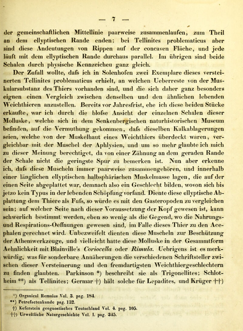 der gemeinschaftlichen Mittellinie paarweise zusammenlaufen, zum Theil an dem ellyptischen Rande enden; bei Tellinites problematicus aber sind diese Andeutungen von Rippen auf der concaven Fläche, und jede läuft mit dem ellyptischen Rande durchaus parallel. Im übrigen sind beide Schalen durch physische Kennzeicheu ganz gleich. Der Zufall wollte, dafs ich in Solenhofen zwei Exemplare dieses verstei- nerten Tellinites problematicus erhielt, an welchen Ueberreste von der Mus- kularsubstanz des Thiers vorhanden sind, und die sich daher ganz besonders eignen einen Vergleich zwischen denselben und den ähnlichen lebenden Weichthieren anzustellen. Bereits vor Jahresfrist, ehe ich diese beiden Stücke erkaufte, war ich durch die blofse Ansicht der einzelnen Schalen dieser Molluske, welche sich in dem Senkenbergischen naturhistorischen Museum befinden, auf die Vermuthung gekommen, dafs dieselben Kalkablagerungen seien, welche von der Muskelhaut eines Weichthiers überdeckt waren, ver- gleichbar mit der Muschel der Aphlysien, und um so mehr glaubte ich mich zu dieser Meinung berechtiget, da von einer Zähnung an dem geraden Rande der Schale nicht die geringste Spur zu bemerken ist. Nun aber erkenne ich, dafs diese Muscheln immer paarweise zusammengehören, und innerhalb einer länglichen ellyptischen halbsphärischen Muskelmasse lagen, die auf der einen Seite abgeplattet war, demnach also ein Geschlecht bilden, wovon sich bis jetzo kein Typus in der lebenden Schöpfung vorfand. Diente diese ellyptische Ab- plattung dem Thiereals Fufs, so würde es mit den Gasteropoden zu vergleichen sein; auf welcher Seite nach dieser Voraussetzung der Kopf gewesen ist, kann schwerlich bestimmt werden, eben so wenig als die Gegend, wo die Nahrungs- und Respirations-Oeffhungen gewesen sind, im Falle dieses Thier zu den Ace- phalen gerechnet wird, ünbezweifelt dienten diese Muscheln zur Beschützung der Athemwerkzeuge, und vielleicht hatte diese Molluske in der Gesammtform Aehnlichkeit mit Blainville^s Coriocella oder Rimula. üebrigens ist es merk- i würdig, was für sonderbare Annäherungen die verschiedenen Schriftsteller zwi- i sehen dieser Versteineruno* und den fremdartio^sten Weichthier2*eschlechtern I zu finden glaubten. Parkinson *) beschreibt sie als Trigonellites; Schlot- ! heim als Tellinites; Germar f) hält solche für Lepadites, und Krüger •f't*) I j ••') Organical Remaius Vol. 3. pag. 184. **) Petrefactenkunde pag. 132. f) Keferstein geognostisches Teutschland Vol. 4. pag. 105. ff) Urweltiiche Naturgeschichte Vol. I. pag. 345.