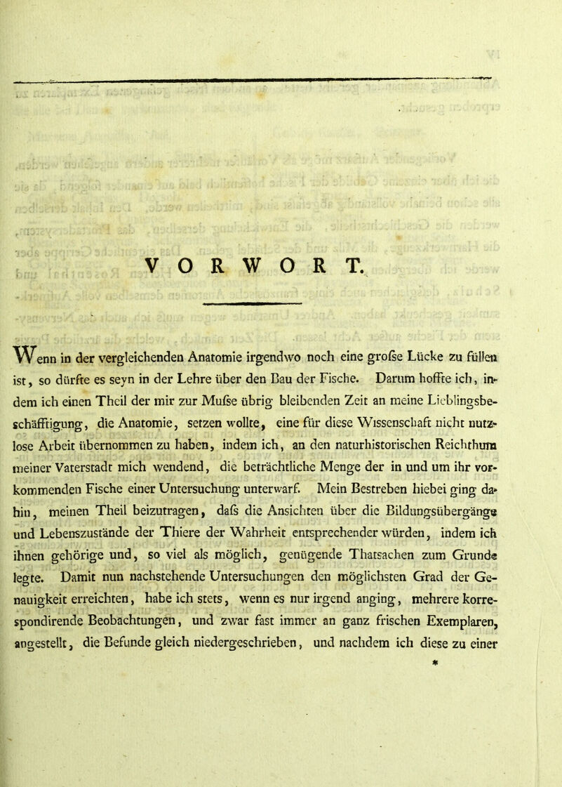 Wenn in der vergleichenden Anatomie irgendwo noch eine grofse Liicke zu fiillen ist, so diirfte es seyn in der Lehre iiber den Ban der Fische. Darum hofFce ich, in- dem ich einen Theil der mir zur Mufte ttbrig bleibenden Zeif an meine Lieblingsbe- schafFti^ung, die Anatomie, setzen wollte, eine fiir diese Wissenschaft nkht nutz^ lose Albeit iibernommen zu haben, indem ich, an den naturhistorischen Reichthum meiner Vaterstadt mich wendend, die betrachtliche Menge der in und um ihr vor* kommenden Fische einer Untersuchung unterwarf. Mein Bestreben hiebei ging da» hin, meinen Theil beizutragen, daft die Ansichten iiber die Bildungsubergange und Lebenszustande der Thiere der Wahrheit entsprechender wiirden, indem ich ihnen gehorige und, so viel als m*ogIich, geniigende Thatsachen zum Grund« legte. Damit nun nachstehende Untersuchungen den moglichsten Grad der Ge- nauigkeit erreichten, habe ich stets, wenn es nur irgend anging, mehrere korre- spondirende Beobachtungen, und zwar fast immer an ganz frischen Exemplaren, angestellt, die Befunde gleich niedergeschrieben, und nachdera ich diese zu einer