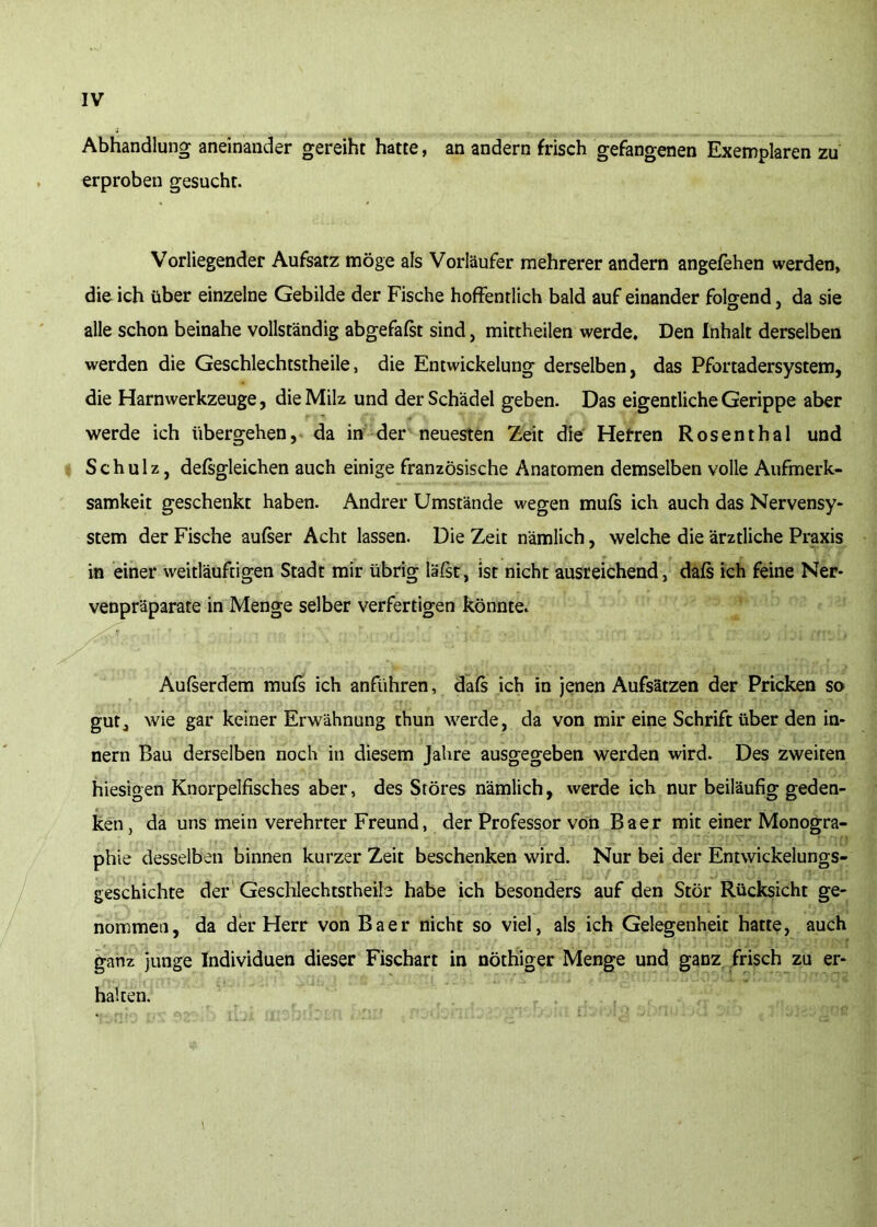 Abhandlung aneinaiider gereiht hatte, an andern frisch gefangenen Exemplaren zu erproben gesuchr. Vorliegender Aufsatz moge als Vorlaufer mehrerer andern angefehen warden, die ich uber einzelne Gebilde der Fische hofFentlich bald auf einander folo-end, da sie alle schon beinahe vollstandig abgefalst sind, mittheilen werde. Den Inhalt derselben warden die Geschlechtstheile, die Entwickelung derselben, das Pfortadersystem, die Harnwerkzeuge, die Milz und der Schadel geben. Das eigentliche Gerippe aber werde ich iibergehen, da in der neuesten Zeit die Hetren Rosenthal und Schulz, defsgleichen auch einige franzosische Anatomen demselben voile Aufmerk- samkeit geschenkt haben. Andrer Umstande wegen muft ich auch das Nervensy- stem der Fische aufter Acht lassen. Die Zeit namlich, welche die arztliche Praxis in einer weitlauftigen Stadt mir ubrig lafst, ist nicht ausreichend, dafs ich feine Ner- venpraparate in Menge selber verfertigen konnte. Aulserdem mufs ich anfiihren, dais ich in jenen Aufsatzen der Pricken so gutj wie gar keiner Erwahnung thun werde, da von mir eine Schriftuber den in- nern Bau derselben noch in diesem Jahre ausgegeben werden wird. Des zweiten hiesigen Knorpelfisches aber, des Stores namlich, werde ich nur beilaufig geden- ken, da uns mein verehrter Freund, der Professor von Baer mit einer Monogra- phic desselben binnen kurzer Zeit beschenken wird. Nur bei der Entwickelungs- geschichte der Geschlechtstheile habe ich besonders auf den Stbr Rucksicht ge- nommen, da der Herr von Baer nicht so viel, als ich Gelegenheit hatte, auch ganz junge Individuen dieser Fischart in nothiger Menge und ganz frisch zu er- haken.