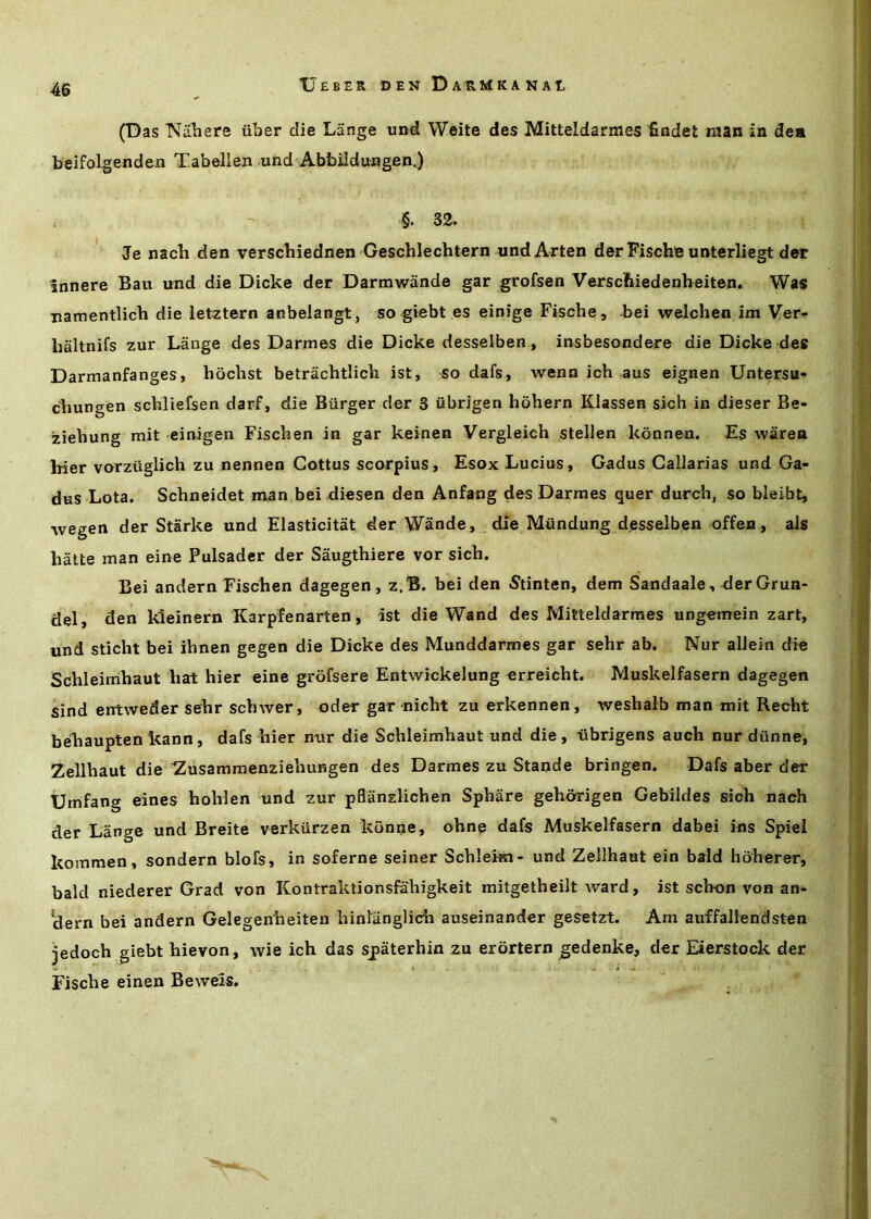 (Das 'Nahere uber die Lange und Weite des Mitteldarmes findet man in dea beifolgenden Tabellen und Abbildungen.) §. 32. 3^e nach den verscbiednen Geschlechtern und Arten derFisch® unterliegt der innere Bau und die Dicke der Darmwande gar grofsen Verscfeiedenbeiten. Was namentlicb die letztern anbelangt, so giebt es einige Fische, bei welchen im Ver- lialtnifs zur Lange des Darmes die Dicke desseiben, insbesondere die Dicke des Darmanfanges, hochst betrachtlicb ist, so dafs, wenn ioh aus eignen Untersu^ cbungen schliefsen darf, die Burger der 3 iibrigen hohern Klassen sich in dieser Be- ziebung mit einigen Fischen in gar keinen Vergleich stellen kbnnen. Es wiiren bier vorzuglich zu nennen Cottus scorpius, Esox Lucius, Gadus Callarias und Ga- dus Lota. Schneidet man bei diesen den Anfang des Darmes quer durch, so bleibt, wegen der Starke und Elasticitat der Wande, die Mundung desseiben offen, ais hatte man eine Pulsader der Saugthiere vor sich. Bei andern Fischen dagegen, z.B. bei den 5tinten, dem Sandaale, ^erGrun- del, den kleinern Karpfenarten, ist die Wand des Mitteldarmes ungemein zart, und sticht bei ihnen gegen die Dicke des Munddarmes gar sehr ab. Nur alJein die Schleirrihaut hat hier eine grofsere Entwickelung erreicht. Muskelfasern dagegen Sind errtweder sehr schwer, oder gar nicht zu erkennen, weshalb man mit Recht behaupten kann, dafs hier nur die Schleimhaut und die, iibrigens auch nur dilnne, Zellhaut die ^usammenziehungen des Darmes zu Stande bringen. Dafs aber der Umfang eines hohlen und zur pflanzlichen Sphare gehorigen Gebildes sich nach der Lange und Breite verkiirzen kbnne, ohne dafs Muskelfasern dabei ins Spiel kommen, sondern blofs, in soferne seiner Schleim- und Zellhaut ein bald hoherer, bald niederer Grad von Kontraktionsfahigkeit mitgetheilt ward, ist sclron von an* 'dern bei andern Gelegenheiten hinlanglich auseinander gesetzt. Am auffallendsten jedoch giebt hievon, wie ich das spaterhin zu erortern gedenke, der Eierstock der Fische einen Beweis.