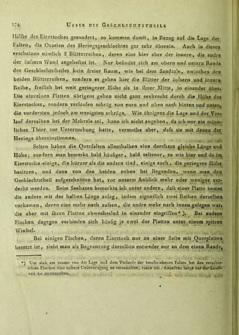 Iliilfte cles Eierstockes gesondert, so komman damit, in Bezug auf die Lage der Faken, die Ovarien des Heringsgesclilechtes gar sehr uberein. Auch in diesen erscheinen namlicli 2 Blatterreihen, deren eine hier aber der innere, die andrs der ciufsern Vvand angeheftet ist. Nur befindet sich am obern uml untern Rande des Geschlechtstbeiles kein freier Raum, wie bei dem Sandaale, zwischen den beiden Blatterreihen, sondern es gehen hier die Blatter der aufsern und innern Reihe, freilich bei weit geringerer Hiihe als in ihrer IVIitte, in einander uber. Die einzelnen Flatten itbrigens gehen nicht ganz senkrecht durch die Hbhe des Eierstockes, sondern verlaufen schrag von vorn und oben nach hinten und unten, die vordersten jedoch am wenigsten schrage, Wie iibrigens die Lage und der Ver- lauf derselben bei der Makrele sei, kann ich nicht angeben, da ich nur ein miinn- liches Thier zur Untersuchung hatte, vermuthe aber, dafs sie mit denen der Herinee ubereinstimmen. o . ,• Selten haben die Querfalten allenthalben eine durchaus gleiche Lange unci Hohe; sondern man bemerkt bald haufiger, bald seltener, so wie hier und da im Eierstocke einige, die kiirzer als die andern sind, einige auch, die geringere Hohe besitzen, und dann von den beiden neben bei liegenden, wenn man den Gechlechlstheil aufgeschnitten hat, vor unserm Anblick mehr oder weniger ver- deckt werden. Beim Seehasen bemerkte ich unter andern, dafs einer Platte immer die andere mit der halben Lange anlag, indem eigentlich zwei Reihen derselben vorkamen, deren eine mehr nach aufsen, die andre mehr nach innen gelegen ivari die aber mit ihren Flatten abwechselnd in einander eingriffen* ). Bei andern Fischen dagegen verbinden sich hamig je zwei der Flatten unter einem spitzen Winkel. Bei einigen Fischen, deren Eierstock nur an einer Seite mit ,Ouerplatten besetzt ist, sieht man als Begrenzung derselben entweder nur an dem einen Rande, Um sicli, am besten voa der Lage und dem Verlanfe der bescliriebenen Fatten bei den verschie- denen Fischen eine nahere Ueberzeugang zu verschaffen, rathe ich, dieselben lange vor der Laicli- zeit zu untersuchen.