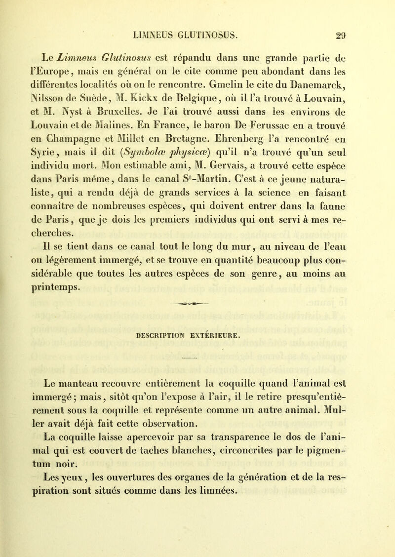 Le Limneus Glutinosus est répandu dans une grande partie de l’Europe, mais en général on le cite comme peu abondant dans les différentes localités où on le rencontre. Gmelin le cite du Danemarck, Nilsson de Suède, M. Kickx de Belgique, où il l’a trouvé à Louvain, et M. IVyst à Bruxelles. Je l’ai trouvé aussi dans les environs de Louvain et de Maiines. En France, le baron De Ferussac en a trouvé en Champagne et Millet en Bretagne. Ehrenberg Fa rencontré en Syrie, mais il dit (Symbolœ physicœ) qu’il n’a trouvé qu’un seul individu mort. Mon estimable ami, M. Gervais, a trouvé cette espèce dans Paris même, dans le canal St-Martin. C’est à ce jeune natura- liste, qui a rendu déjà de grands services à la science en faisant connaître de nombreuses espèces, qui doivent entrer dans la faune de Paris, que je dois les premiers individus qui ont servi à mes re- cherches. Il se tient dans ce canal tout le long du mur, au niveau de l’eau ou légèrement immergé, et se trouve en quantité beaucoup plus con- sidérable que toutes les autres espèces de son genre, au moins au printemps. DESCRIPTION EXTÉRIEURE. Le manteau recouvre entièrement la coquille quand l’animal est immergé; mais, sitôt qu’on l’expose à l’air, il le retire presqu’entiè- rement sous la coquille et représente comme un autre animal. Mul- ler avait déjà fait cette observation. La coquille laisse apercevoir par sa transparence le dos de l’ani- mal qui est couvert de taches blanches, circoncrites par le pigmen- tum noir. Les yeux, les ouvertures des organes de la génération et de la res- piration sont situés comme dans les limnées.