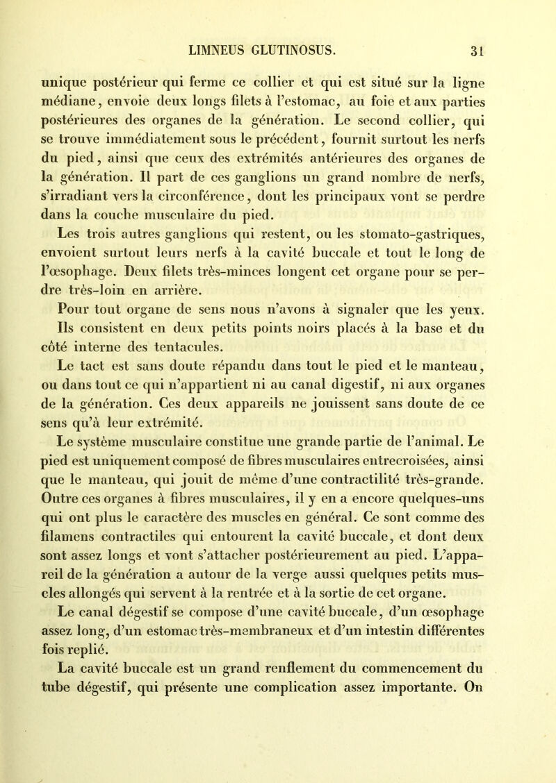 unique postérieur qui ferme ce collier et qui est situé sur la ligne médiane, envoie deux longs filets à l’estomac, au foie et aux parties postérieures des organes de la génération. Le second collier, qui se trouve immédiatement sous le précédent, fournit surtout les nerfs du pied, ainsi que ceux des extrémités antérieures des organes de la génération. Il part de ces ganglions un grand nombre de nerfs, s’irradiant vers la circonférence, dont les principaux vont se perdre dans la couche musculaire du pied. Les trois autres ganglions qui restent, ou les stomato-gastriques, envoient surtout leurs nerfs à la cavité buccale et tout le long de l’œsophage. Deux filets très-minces longent cet organe pour se per- dre très-loin en arrière. Pour tout organe de sens nous n’avons à signaler que les yeux. Ils consistent en deux petits points noirs placés à la base et du côté interne des tentacules. Le tact est sans doute répandu dans tout le pied et le manteau, ou dans tout ce qui n’appartient ni au canal digestif, ni aux organes de la génération. Ces deux appareils ne jouissent sans doute de ce sens qu’à leur extrémité. Le système musculaire constitue une grande partie de l’animal. Le pied est uniquement composé de fibres musculaires entrecroisées, ainsi que le manteau, qui jouit de meme d’une contractilité très-grande. Outre ces organes à fibres musculaires, il y en a encore quelques-uns qui ont plus le caractère des muscles en général. Ce sont comme des fîlamens contractiles qui entourent la cavité buccale, et dont deux sont assez longs et vont s’attacher postérieurement au pied. L’appa- reil de la génération a autour de la verge aussi quelques petits mus- cles allongés qui servent à la rentrée et à la sortie de cet organe. Le canal dégestif se compose d’une cavité buccale, d’un œsophage assez long, d’un estomac très-membraneux et d’un intestin différentes fois replié. La cavité buccale est un grand renflement du commencement du tube dégestif, qui présente une complication assez importante. On