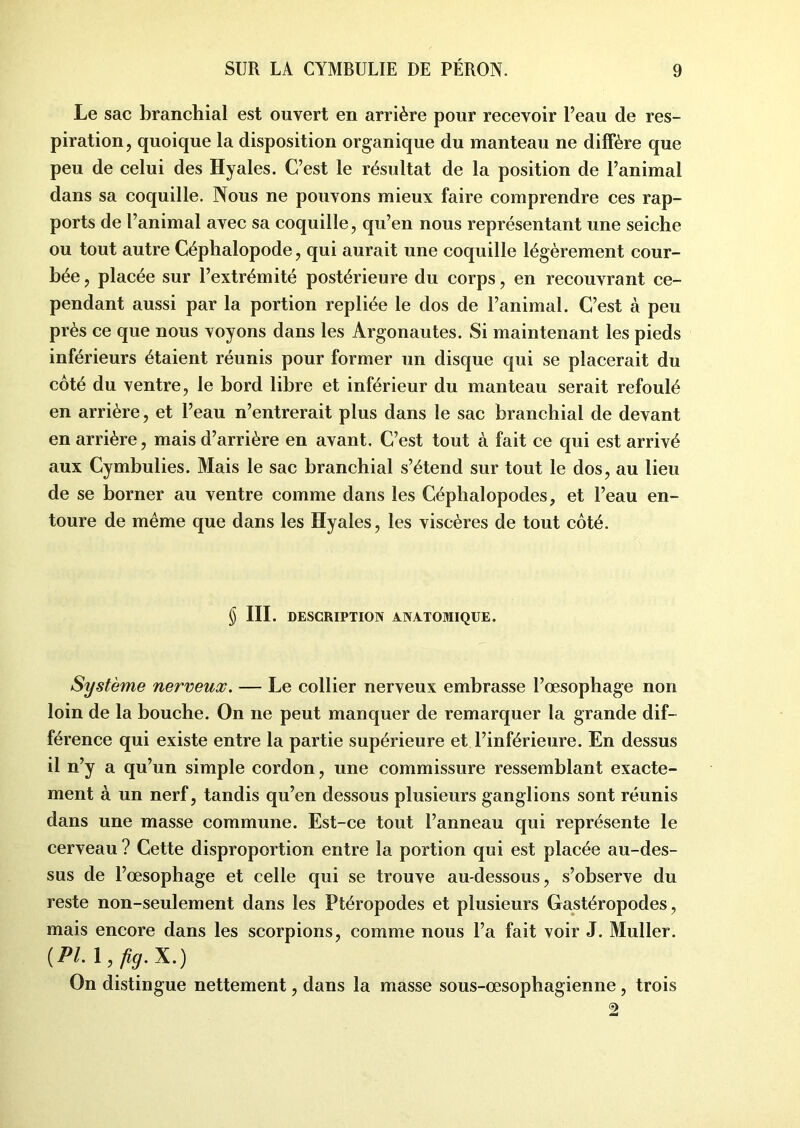 Le sac branchial est ouvert en arrière pour recevoir Peau de res- piration, quoique la disposition organique du manteau ne diffère que peu de celui des Hyales. C’est le résultat de la position de l’animal dans sa coquille. Nous ne pouvons mieux faire comprendre ces rap- ports de l’animal avec sa coquille, qu’en nous représentant une seiche ou tout autre Céphalopode, qui aurait une coquille légèrement cour- bée , placée sur l’extrémité postérieure du corps, en recouvrant ce- pendant aussi par la portion repliée le dos de l’animal. C’est à peu près ce que nous voyons dans les Argonautes. Si maintenant les pieds inférieurs étaient réunis pour former un disque qui se placerait du côté du ventre, le bord libre et inférieur du manteau serait refoulé en arrière, et l’eau n’entrerait plus dans le sac branchial de devant en arrière, mais d’arrière en avant. C’est tout à fait ce qui est arrivé aux Cymbulies. Mais le sac branchial s’étend sur tout le dos, au lieu de se borner au ventre comme dans les Céphalopodes, et l’eau en- toure de même que dans les Hyales, les viscères de tout côté. () III. DESCRIPTION ANATOMIQUE. Système nerveux. — Le collier nerveux embrasse l’œsophage non loin de la bouche. On ne peut manquer de remarquer la grande dif- férence qui existe entre la partie supérieure et l’inférieure. En dessus il n’y a qu’un simple cordon, une commissure ressemblant exacte- ment à un nerf, tandis qu’en dessous plusieurs ganglions sont réunis dans une masse commune. Est-ce tout l’anneau qui représente le cerveau ? Cette disproportion entre la portion qui est placée au-des- sus de l’œsophage et celle qui se trouve au-dessous, s’observe du reste non-seulement dans les Ptéropodes et plusieurs Gastéropodes, mais encore dans les scorpions, comme nous l’a fait voir J. Muller. {PL 1 ,fig. X.) On distingue nettement, dans la masse sous-œsophagienne , trois