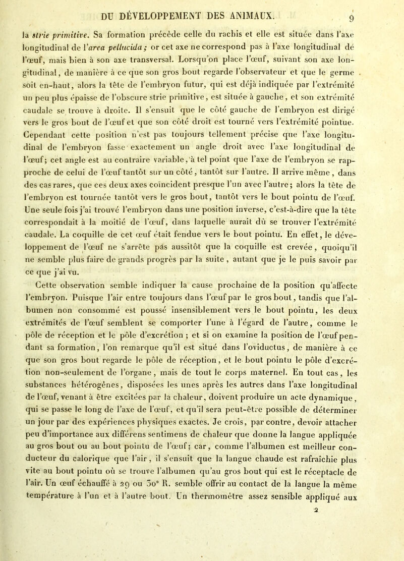 la slrie primitive. Sa formation précède celle du rachis et elle est située dans l’axe longitudinal de l’area pellticida ; or cet axe ne correspond pas à l’axe longitudinal dé l’œuf, mais bien à son axe transversal. Lorsqu’on place l’œuf, suivant son axe lon- gitudinal, de manière à ce que son gros bout regarde l’observateur et que le germe soit en-haut, alors la tête de l’embryon futur, qui est déjà indiquée par l’extrémité un peu plus épaisse de l’obscure strie primitive, est située à gauche, et son extrémité caudale se trouve à droite. 11 s’ensuit que le côté gauche de l’embryon est dirigé vers le gros bout de l’œuf et que son côté droit est tourné vers l’extrémité pointue. Cependant cette position n’est pas toujours tellement précise que l’axe longitu- dinal de l’embryon fasse exactement un angle droit avec l’axe longitudinal de l’œuf; cet angle est au contraire variable, à tel point que l’axe de l’embryon se rap- proche de celui de l’œuf tantôt sur un côté, tantôt sur l’autre. Il arrive même, dans des cas rares, que ces deux axes coïncident presque l’un avec l’autre; alors la tête de l’embryon est tournée tantôt vers le gros bout, tantôt vers le bout pointu de l’œuf. Une seule fois j’ai trouvé l’embryon dans une position inverse, c’est-à-dire que la tête correspondait à la moitié de l’œuf, dans laquelle aurait dû se trouver l’extrémité caudale. La coquille de cet œuf était fendue vers le bout pointu. En effet, le déve- loppement de l’œuf ne s’arrête pas aussitôt que la coquille est crevée, quoiqu’il ne semble plus faire de grands progrès par la suite, autant que je le puis savoir par ce que j’ai vu. Cette observation semble indiquer la cause prochaine de la position qu’affecte l’embryon. Puisque l’air entre toujours dans l’œuf par le gros bout, tandis que l’al- bumen non consommé est poussé insensiblement vers le bout pointu, les deux extrémités de l’œuf semblent se comporter l’une à l’égard de l’autre, comme le pôle de réception et le pôle d’excrétion ; et si on examine la position de l’œuf pen- dant sa formation, l’on remarque qu’il est situé dans l’oviductus, de manière à ce que son gros bout regarde le pôle de réception, et le bout pointu le pôle d’excré- tion non-seulement de l’organe, mais de tout le corps maternel. En tout cas, les substances hétérogènes, disposées les unes après les autres dans l’axe longitudinal de l’œuf, venant à être excitées par la chaleur, doivent produire un acte dynamique, qui se passe le long de l’axe de l’œuf, et qu’il sera peut-être possible de déterminer un jour par des expériences physiques exactes. Je crois, par contre, devoir attacher peu d’importance aux différens sentimens de chaleur que donne la langue appliquée au gros bout ou au bout pointu de l’œuf; car, comme l’albumen est meilleur con- ducteur du calorique que l’air , il s’ensuit que la langue chaude est rafraîchie plus vite au bout pointu où se trouve l’albumen qu’au gros bout qui est le réceptacle de l’air. Un œuf échauffé à 29 ou 5o° Pv. semble offrir au contact de la langue la même température à l’un et à l’autre bout. Un thermomètre assez sensible appliqué aux 2