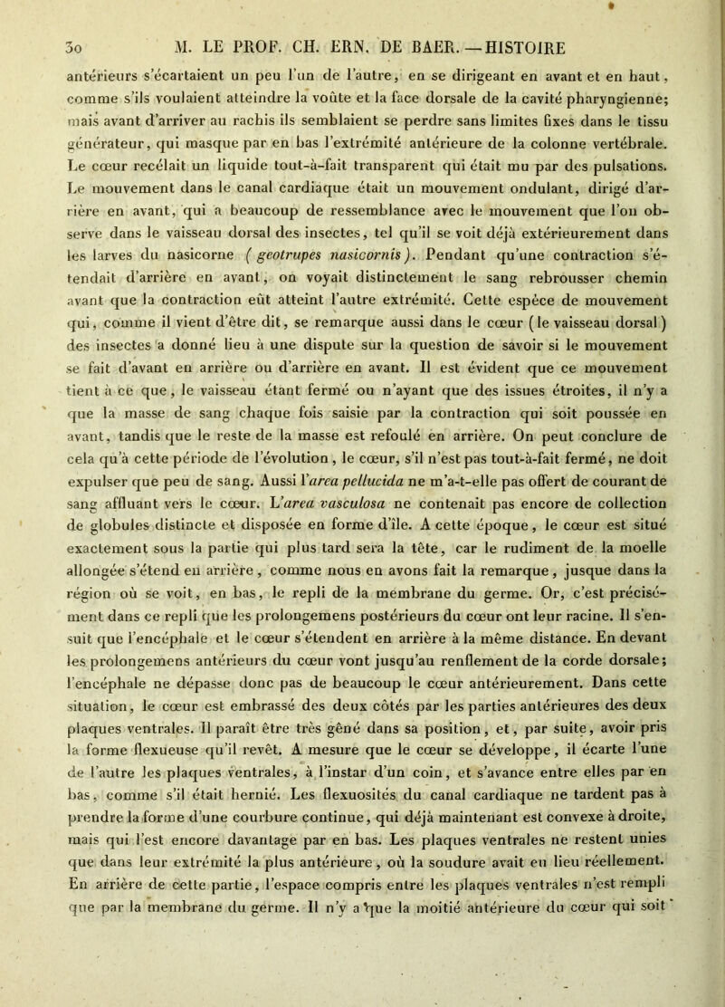 antérieurs s’écartaient un peu l’un de l’autre, en se dirigeant en avant et en haut, comme s’ils voulaient atteindre la voûte et la face dorsale de la cavité pharyngienne; mais avant d’arriver au rachis ils semblaient se perdre sans limites fixes dans le tissu générateur, qui masque par en bas l’extrémité antérieure de la colonne vertébrale. Le cœur recélait un liquide tout-à-fait transparent qui était mu par des pulsations. Le mouvement dans le canal cardiaque était un mouvement ondulant, dirigé d’ar- rière en avant, qui a beaucoup de ressemblance avec le mouvement que l’on ob- serve dans le vaisseau dorsal des insectes, tel qu’il se voit déjà extérieurement dans les larves du nasicorne ( geotrupes nasicornis ). Pendant qu’une contraction s’é- tendait d’arrière en avant, on voyait distinctement le sang rebrousser chemin avant que la contraction eût atteint l’autre extrémité. Cette espèce de mouvement qui, comme il vient d’être dit, se remarque aussi dans le cœur (le vaisseau dorsal) des insectes a donné lieu à une dispute sur la question de savoir si le mouvement se fait d’avant en arrière ou d’arrière en avant. Il est évident que ce mouvement tient à ce que, le vaisseau étant fermé ou n’ayant que des issues étroites, il n’y a que la masse de sang chaque fois saisie par la contraction qui soit poussée en avant, tandis que le reste de la masse est refoulé en arrière. On peut conclure de cela qu’à cette période de l’évolution, le cœur, s’il n’est pas tout-à-fait fermé, ne doit expulser que peu de sang. Aussi Yarea pellucida ne m’a-t-elle pas offert de courant de sang affluant vers le cœur. L’area vasculosa ne contenait pas encore de collection de globules distincte et disposée en forme d’île. A cette époque, le cœur est situé exactement sous la partie qui plus tard sera la tête, car le rudiment de la moelle allongée s’étend en arrière , comme nous en avons fait la remarque, jusque dans la région où se voit, en bas, le repli de la membrane du germe. Or, c’est précisé- ment dans ce repli que les prolongemens postérieurs du cœur ont leur racine. Il s’en- suit que l’encéphale et le cœur s’étendent en arrière à la même distance. En devant les prolongemens antérieurs du cœur vont jusqu’au renflement de la corde dorsale; l’encéphale ne dépasse donc pas de beaucoup le cœur antérieurement. Dans cette situation, le cœur est embrassé des deux côtés par les parties antérieures des deux plaques ventrales. Il paraît être très gêné dans sa position, et, par suite, avoir pris la forme flexueuse qu’il revêt. A mesure que le cœur se développe, il écarte l’une de l’autre les plaques ventrales, à l’instar d’un coin, et s’avance entre elles par en bas, comme s’il était hernié. Les flexuosités du canal cardiaque ne tardent pas à prendre la forme d’une courbure continue, qui déjà maintenant est convexe à droite, mais qui l’est encore davantage par en bas. Les plaques ventrales ne restent unies que dans leur extrémité la plus antérieure, où la soudure avait eu lieu réellement. En arrière de cette partie, l’espace compris entre les plaques ventrales n’est rempli que par la membrane du germe. Il n’y aVjue la moitié antérieure du cœur qui soit
