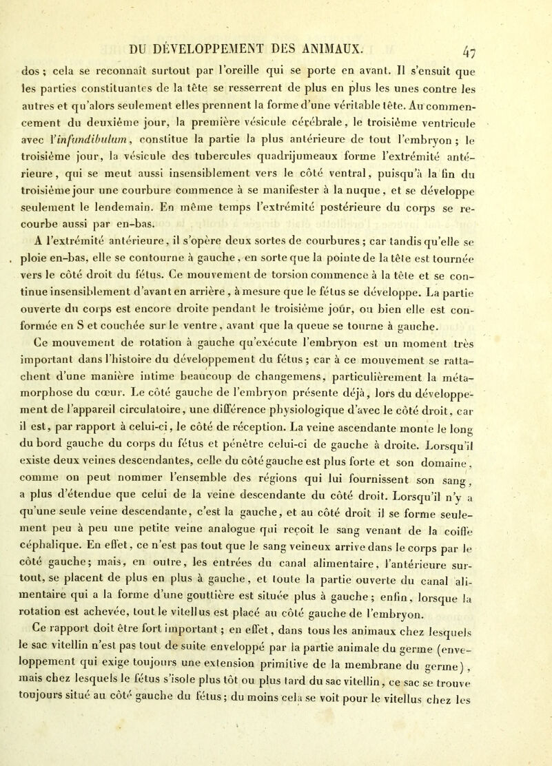 dos ; cela se reconnaît surtout par l’oreille qui se porte en avant. Il s’ensuit que les parties constituantes de la tête se resserrent de plus en plus les unes contre les autres et qu’alors seulement elles prennent la forme d’une véritable tête. Au commen- cement du deuxième jour, la première vésicule céçébrale, le troisième ventricule avec Y infundibutum, constitue la partie la plus antérieure de tout l’embryon; le troisième jour, la vésicule des tubercules quadrijumeaux forme l’extrémité anté- rieure, qui se meut aussi insensiblement vers le côté ventral, puisqu’il la fin du troisième jour une courbure commence à se manifester à la nuque, et se développe seulement le lendemain. En même temps l’extrémité postérieure du corps se re- courbe aussi par en-bas. A l’extrémité antérieure, il s’opère deux sortes de courbures ; car tandis qu’elle se . ploie en-bas, elle se contourne à gauche , en sorte que la pointe de la têle est tournée vers le côté droit du fétus. Ce mouvement de torsion commence à la tête et se con- tinue insensiblement d’avant en arrière , à mesure que le fétus se développe. La partie ouverte du corps est encore droite pendant le troisième jour, ou bien elle est con- formée en S et couchée sur le ventre, avant que la queue se tourne à gauche. Ce mouvement de rotation à gauche qu’exécute l’embryon est un moment très important dans l’histoire du développement du fétus ; car à ce mouvement se ratta- chent d’une manière intime beaucoup de changemens, particulièrement la méta- morphose du cœur. Le côté gauche de l’embryon présente déjà, lors du développe- ment de l’appareil circulatoire, une différence physiologique d’avec le côté droit, car il est, par rapport à celui-ci, le côté de réception. La veine ascendante monte le long du bord gauche du corps du fétus et pénétre celui-ci de gauche à droite. Lorsqu’il existe deux veines descendantes, celle du côté gauche est plus forte et son domaine , comme on peut nommer l’ensemble des régions qui lui fournissent son sang, a plus d’étendue que celui de la veine descendante du côté droit. Lorsqu’il n’y a qu’une seule veine descendante, c’est la gauche, et au côté droit il se forme seule- ment peu à peu une petite veine analogue qui reçoit le sang venant de la coiffe céphalique. En eflet, ce n est pas tout que le sang veineux arrive dans le corps par le côté gauche; mais, en outre, les entrées du canal alimentaire, l’antérieure sur- tout, se placent de plus en plus à gauche, et toute la partie ouverte du canal ali- mentaire qui a la forme d’une gouttière est située plus à gauche; enfin, lorsque la rotation est achevée, tout le vitellus est placé au côté gauche de l’embryon. Ce rapport doit être fort important ; en effet, dans tous les animaux chez lesquels le sac vitellin n est pas tout de suite enveloppé par la partie animale du germe (enve- loppement qui exige toujours une extension primitive de la membrane du germe) , mais chez lesquels le letus s isole plus tôt ou plus tard du sac vitellin, ce sac se trouve toujours situé au côté gauche du fétus ; du moins cela se voit pour le vitellus chez les