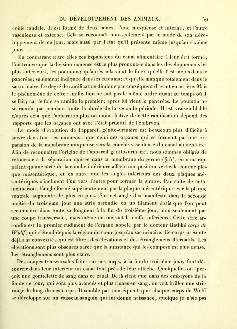 coiffe caudale. Il est formé de deux lames, l’une muqueuse et interne, et l’autre vasculeuse et externe. Cela se reconnaît non-seulement par le mode de son déve- loppement de ce jour, mais aussi par l’état qu’il présente même jusqu’au sixième jour. En comparant entre elles ces expansions du canal alimentaire à leur étal formé, l’on trouve que la division rameuse est le plus prononcée dans les développemens les plus antérieurs, les poumons; qu’après cela vient le foie; qu’elle l’est moins dans le pancréas; seulement indiquée dans les cæcums; et quelle manque totalement dans le sac urinaire. Le degré de ramification diminue par conséquent d’avant en arrière. Mais le phénomène de cette ramification ne suit pas le même ordre quant au temps où il se fait; car le foie se ramifie le premier; après lui vient le pancréas. Le poumon ne se ramifie pas pendant toute la durée de la seconde période. Il est vraisemblable d’après cela que l’apparition plus ou moins hâtive de cette ramification dépend des rapports que les organes ont avec l’état primitif de l’embryon. Le mode d’évolution de l’appareil génito-urinaire est beaucoup plus difficile à suivre dans tous ses momens, que celui des organes qui se forment par une ex- pansion de la membrane muqueuse vers la couche vasculeuse du canal alimentaire. Afin de reconnaître l’origine de l’appareil génito-urinaire, nous sommes obligés de retourner à la séparation opérée dans la membrane du germe (§ 5), en nous rap- pelant qu’une strie de la couche inférieure affecte une position verticale comme pla- que mésentérique, et en outre que les angles inférieurs des deux plaques mé- sentériques s’inclinent l’un vers l’autre pour former la suture. Par suite de cette inclinaison , l’angle formé supérieurement par la plaque mésentérique avec la plaque ventrale augmente de plus en plus. Sur cet angle il se manifeste dans la seconde moitié du troisième jour une strie arrondie ou un Clament épais que l’on peut reconnaître dans toute sa longueur à la fin du troisième jour, non-seulement par une coupe transversale, mais même en incisant la coiffe inférieure. Cette strie ar- rondie est le premier rudiment de l'organe appelé par le docteur Rathké corps de Wolff, qui s’étend depuis la région du cœur jusqu’au sac urinaire. Ce corps présente déjà à sa convexité, qui est libre , des élévations et des étranglemens alternatifs. Les élévations sont plus obscures parce que la substance qui les compose est plus dense. Les étranglemens sont plus clairs. Des coupes transversales faites sur ces corps, à la fin du troisième jour, font dé- couvrir dans leur intérieur un canal tout près de leur attache. Quelquefois on aper- çoit une gouttelette de sang dans ce canal. De là vient que dans des embryons de la fin de ce jour, qui sont plus avancés et plus riches en sang, on voit briller une strie rouge le long de ces corps. Il semble par conséquent que chaque corps de Wolff se développe sur un vaisseau sanguin qui lui donne naissance, quoique je 11’aie pas