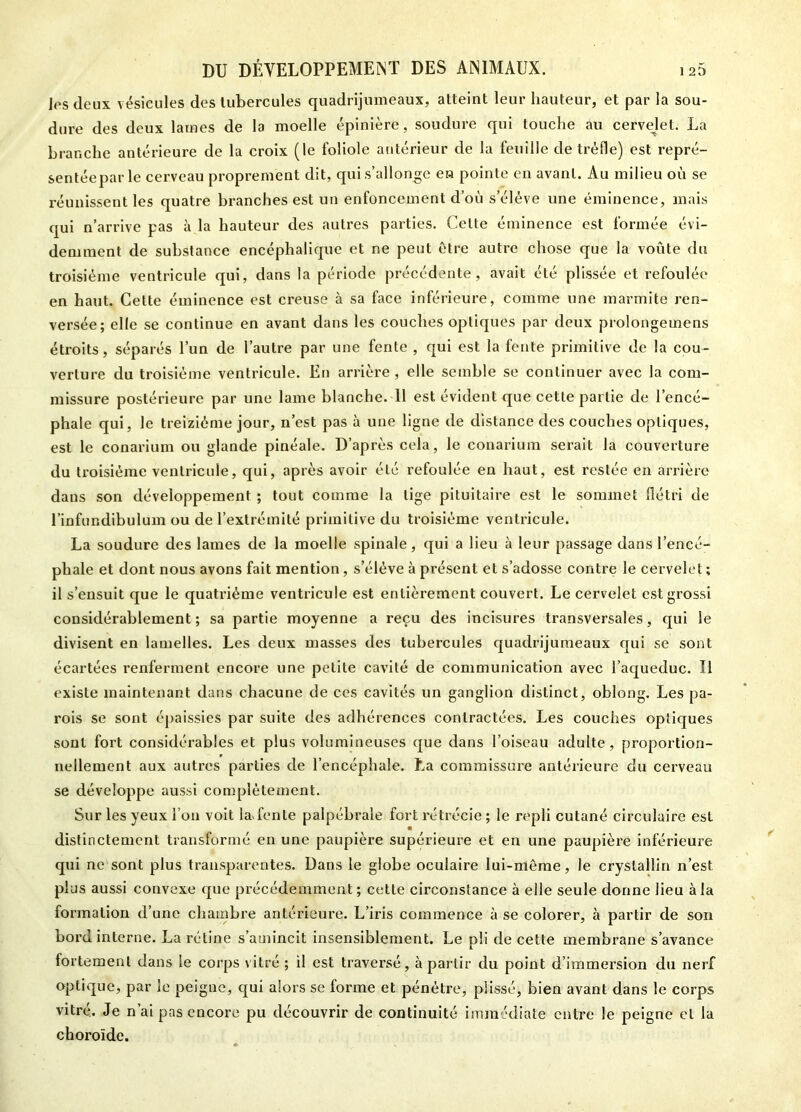 les (leux vésicules des tubercules quadrijumeaux, atteint leur hauteur, et par la sou- dure des deux lames de la moelle épinière, soudure qui touche au cervelet. La branche antérieure de la croix (le foliole antérieur de la feuille de trèfle) est repré- sentéepar le cerveau proprement dit, qui s’allonge en pointe en avant. Au milieu où se réunissent les quatre branches est un enfoncement d’où s’élève une éminence, mais qui n’arrive pas à la hauteur des autres parties. Celte éminence est formée évi- demment de substance encéphalique et ne peut être autre chose que la voûte du troisième ventricule qui, dans la période précédente, avait été plissée et refoulée en haut. Cette éminence est creuse à sa face inférieure, comme une marmite ren- versée; elle se continue en avant dans les couches optiques par deux prolongemens étroits, séparés l’un de l’autre par une fente , qui est la fente primitive de la cou- verture du troisième ventricule. En arrière, elle semble se continuer avec la com- missure postérieure par une lame blanche. 11 est évident que cette partie de l’encé- phale qui, le treiziéme jour, n’est pas à une ligne de distance des couches optiques, est le conarium ou glande pinéale. D’après cela, le conarium serait la couverture du troisième ventricule, qui, après avoir été refoulée en haut, est restée en arrière dans son développement ; tout comme la lige pituitaire est le sommet flétri de l’infundibulum ou de l’extrémité primitive du troisième ventricule. La soudure des lames de la moelle spinale, qui a lieu à leur passage dans l’encé- phale et dont nous avons fait mention, s’élève à présent et s’adosse contre le cervelet ; il s’ensuit que le quatrième ventricule est entièrement couvert. Le cervelet est grossi considérablement; sa partie moyenne a reçu des incisures transversales, qui le divisent en lamelles. Les deux masses des tubercules quadrijumeaux qui se sont écartées renferment encore une petite cavité de communication avec l’aqueduc. Il existe maintenant dans chacune de ces cavités un ganglion distinct, oblong. Les pa- rois se sont épaissies par suite des adhérences contractées. Les couches optiques sont fort considérables et plus volumineuses que dans l’oiseau adulte, proportion- nellement aux autres parties de l’encéphale. La commissure antérieure du cerveau se développe aussi complètement. Sur les yeux l’on voit la fente palpébrale fort rétrécie ; le repli cutané circulaire est distinctement transformé en une paupière supérieure et en une paupière inférieure qui ne sont plus transparentes. Dans le globe oculaire lui-même, le cryslallin n’est plus aussi convexe que précédemment; cette circonstance à elle seule donne lieu à la formation d’une chambre antérieure. L’iris commence à se colorer, à partir de son bord interne. La rétine s’amincit insensiblement. Le pli de cette membrane s’avance fortement dans le corps vitré ; il est traversé, à partir du point d’immersion du nerf optique, par le peigne, qui alors se forme et pénétre, plissé, bien avant dans le corps vitré. Je n’ai pas encore pu découvrir de continuité immédiate entre le peigne et la choroïde.