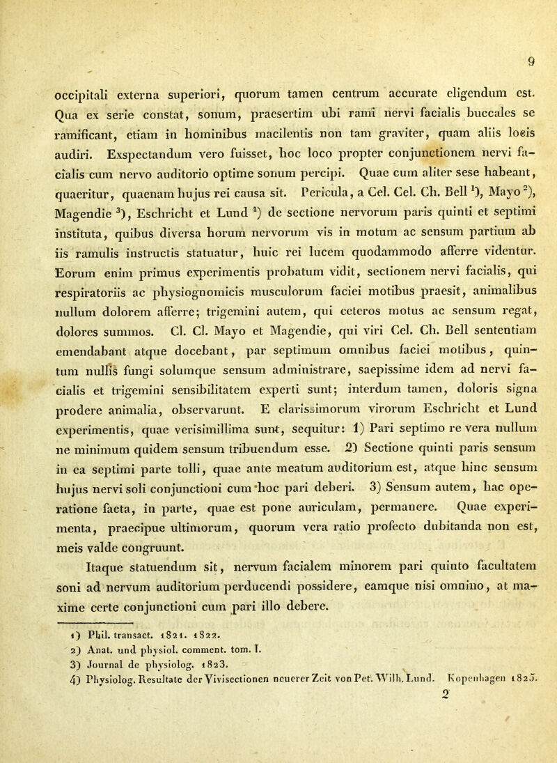 occipitali externa superiori, quorum tamen centrum accurate eligendum est. Qua ex serie constat, sonum, praesertim ubi rami nervi facialis buccales se ramificant, etiam in hominibus macilentis non tam graviter, quam aliis locis audiri. Exspectandum vero fuisset, lioc loco propter conjunctionem nervi fa- cialis cum nervo auditorio optime sonum percipi. Quae cum aliter sese habeant, quaeritur, quaenam hujus rei causa sit. Pericula, a Cei. Cei. Ch. BellJ), Mayo~), Magendie 1 2 3), Escliricht et Lund 4) de sectione nervorum paris quinti et septimi instituta, quibus diversa horum nervorum vis in motum ac sensum partium ab iis ramulis instructis statuatur, huic rei lucem quodammodo afferre videntur. Eorum enim primus experimentis probatum vidit, sectionem nervi facialis, qui respiratoriis ac physiognomicis musculorum faciei motibus praesit, animalibus nullum dolorem afferre; trigemini autem, qui ceteros motus ac sensum regat, dolores summos. Cl. Cl. Mayo et Magendie, qui viri Cei. Ch. Bell sententiam emendabant atque docebant, par septimum omnibus faciei motibus, quin- tum nullis fungi solumque sensum administrare, saepissime idem ad nervi fa- cialis et trigemini sensibilitatem experti sunt; interdum tamen, doloris signa prodere animalia, observarunt. E clarissimorum virorum Escliricht et Lund experimentis, quae verisimillima sunt, sequitur: 1) Pari septimo re vera nullum ne minimum quidem sensum tribuendum esse. 2) Sectione quinti paris sensum in ea septimi parte tolli, quae ante meatum auditorium est, atque liinc sensum hujus nervi soli conjunctioni cumdioc pari deberi. 3) Sensum autem, hac ope- ratione facta, in parte, quae est pone auriculam, permanere. Quae experi- menta, praecipue ultimorum, quorum vera ratio profecto dubitanda non est, meis valde congruunt. Itaque statuendum sit, nervum facialem minorem pari quinto facultatem soni ad nervum auditorium perducendi possidere, eamque nisi omnino, at ma- xime certe conjunctioni cum pari illo debere. 1) Pbil. transact. 1821. 1822. 2) Anat. und pliysiol. comment. tom. I. 3) Journal de pliysiolog. 1823. 4) Physiolog. Resultate der Yivisectionen ncuererZeit vonPet.Willi. I.unJ. Kopenltagen 1820. 2