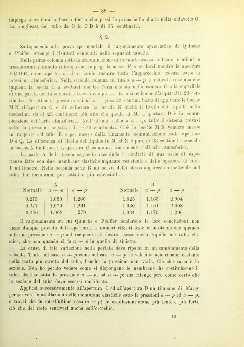 impiega a svotarsi la boccia lino a che passi la prima bolla d’aria nella chiavetta 0. La lunghezza del tubo da 0 in CD è di 35 centimetri. 2. Sottoponendo alla prova sperimentale il ragionamento aprioristico di Quincke e Pfeiffer ottengo i risaltati contenuti nelle seguenti tabelle. Nella prima colonna sotto la denominazione di normale trovasi indicato in minuti e trecentesimi di minuto il tempo che impiega la boccia F a svotarsi mentre le aperture PCDR erano aperte: in altre parole mentre tutto l’apparecchio trovasi sotto la pressione atmosferica. Nella seconda colonna col titolo a -t- p è indicato il tempo che impiega la boccia G a svotarsi mentre l’aria che sta nella camera C alla superficie di una parete del tubo elastico trovasi compressa da una colonna d’acqua alta 23 cen- timetri. Per ottenere questa pressione a -+-jp = 23 centim. basta di applicare le boccie MN all’apertura G e di sollevare la boccia N finche il livello del liquido nella medesima sia di 23 centimetri più alto che quello di M. L’apertura D è in comu- nicazione coll’aria atmosferica. Nell’ultima colonna a — p, tutto il sistema trovasi sotto la pressione negativa di — 23 centimetri. Cioè le boccie M N vennero messe in rapporto col tubo R e per mezzo della rimanente comunicazione colle aperture D e Q. La differenza di livello del liquido in M ed N è pure di 23 centimetri essendo la boccia N l’inferiore. L’apertura C comunica liberamente coll’aria atmosferica. La parte A della tavola seguente racchiude i risultati di una serie di espe- rienze fatte con due membrane elastiche alquanto resistenti e dello spessore di circa 1 millimetro. Nella seconda serie B mi servii dello stesso apparecchio mettendo nel tubo due membrane più sottili e più estensibili. A B Normale a p <7, — p Normale a-*- p 0,275 1,080 1,260 1,025 1,165 0,277 1,070 1,261 1,030 1,161 0,266 1,063 1,279 1,034 1,170 a — p 2,004 2,008 1,296 Il ragionamento su cui Quincke e Pfeiffer fondarono le loro conclusioni non viene dunque provato dall’esperienza. I numeri riferiti teste ci mostrano che quando si fa una pressione a—p nel recipiente di destra, passa meno liquido nel tubo ela- stico, che non quando si fa a -t- p in quello di sinistra. La causa di tale variazione nella portata deve riporsi in un cambiamento della velocita. Tanto nel caso a■ -+- p come nel caso a — p la velocità non rimane costante nella parte più stretta del tubo, benché la pressione non varia. Ciò che varia è la sezione. Non ho potuto vedere come si dispongano le membrane che costituiscono il tubo elastico sotto la pressione a — p, od a -+- p\ ma ritengo però come certo che la sezione del tubo deve essersi modificata. Applicai successivamente all’apertura C ed all’apertura D un timpano di Marey per scrivere le oscillazioni delle membrane elastiche sotto le pressioni a -+- p ed a — p, e trovai che in quest’ultimo caso (a—p) le oscillazioni erano più lente e più forti, ciò che del resto sentivasi anche coll’orecchio. 12