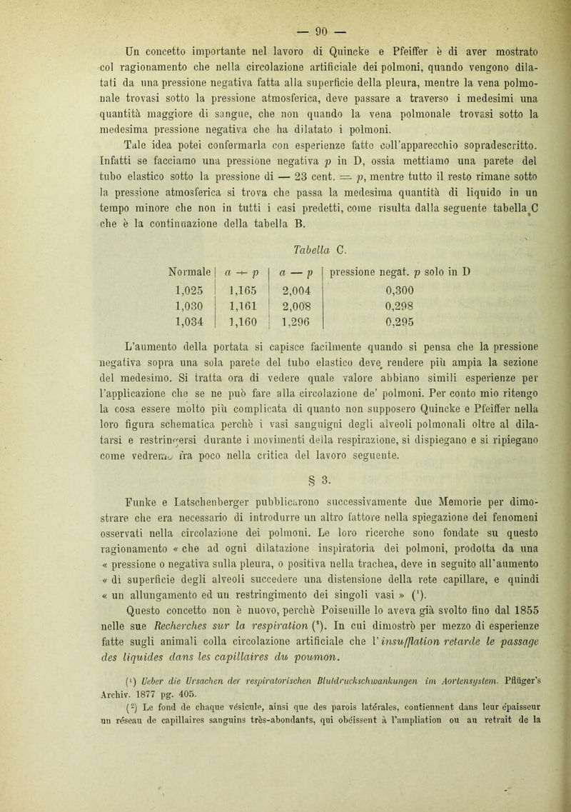 Un concetto importante nel lavoro di Quincke e Pfeiffer è di aver mostrato col ragionamento che nella circolazione artificiale dei polmoni, quando vengono dila- tati da una pressione negativa fatta alla superficie della pleura, mentre la vena polrao- nale trovasi sotto la pressione atmosferica, deve passare a traverso i medesimi una quantità maggiore di sangue, che non quando la vena polmonale trovasi sotto la medesima pressione negativa che ha dilatato i polmoni. Tale idea potei confermarla con esperienze fatto coll’apparecchio sopradescritto. Infatti se facciamo una pressione negativa p in D, ossia mettiamo una parete del tubo elastico sotto la pressione di — 23 cent. — p, mentre tutto il resto rimane sotto la pressione atmosferica si trova che passa la medesima quantità di liquido in un tempo minore che non in tutti i casi predetti, come risulta dalla seguente tabellare che è la continuazione della tabella B. Tabella C. Normale a i p a — p pressione negai, p solo in D 1,025 1,165 2,004 0,300 1,030 1,161 2,008 0,298 1,034 1,160 1,296 0,295 L’aumento della portata si capisce facilmente quando si pensa che la pressione negativa sopra una sola parete del tubo elastico deve, rendere più ampia la sezione del medesimo. Si tratta ora di vedere quale valore abbiano simili esperienze per l’applicazione che se ne può fare alla circolazione de’ polmoni. Per conto mio ritengo la cosa essere molto più complicata di quanto non supposero Quincke e Pfeiffer nella loro figura schematica perche i vasi sanguigni degli alveoli polmonali oltre al dila- tarsi e restringersi durante i movimenti della respirazione, si dispiegano e si ripiegano come vedremo fra poco nella critica del lavoro seguente. § 3. Funke e Latschenberger pubblicarono successivamente due Memorie per dimo- strare che era necessario di introdurre un altro fattore nella spiegazione dei fenomeni osservati nella circolazione dei polmoni. Le loro ricerche sono fondate su questo ragionamento « che ad ogni dilatazione inspiratoria dei polmoni, prodotta da una « pressione o negativa sulla pleura, o positiva nella trachea, deve in seguito all’aumento « di superficie degli alveoli succedere una distensione della rete capillare, e quindi « un allungamento ed un restringimento dei singoli vasi » ('). Questo concetto non 'e nuovo, perchè Poiseuille lo aveva già svolto fino dal 1855 nelle sue Recherches sur la respiratori (2). In cui dimostrò per mezzo di esperienze fatte sugli animali colla circolazione artificiale che V insufflalion retarde le passage des liquides dans les capillaires du poumon. (L) Ucber die Ursachcn der respiralorischen Blutdruckscliwankungen im Aorlensyslem. Pfluger’s Archiv. 1877 pg. 405. (2) Le fond de chaque vésicule, ainsi que des parois latérales, contiennent dans leur épaisseur un réseau de capillaires sanguins très-abondanfs, qui obéissent à l'ampliation ou au retrait de la