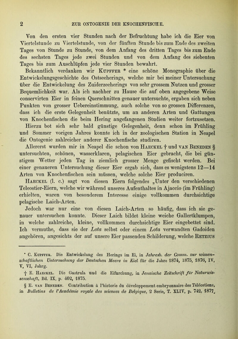 Von den ersten vier Stunden nach der Befruchtung habe ich die Eier von Viertelstunde zu Viertelstunde, von der fünften Stunde bis zum Ende des zweiten Tages von Stunde zu Stunde, von dem Anfang des dritten Tages bis zum Ende des sechsten Tages jede zwei Stunden und von dem Anfang des siebenten Tages bis zum Auschlüpfen jede vier Stunden bewahrt. Bekanntlich verdanken wir Kupffer * * * § eine schöne Monographie über die Entwickelungsgeschichte des Ostseeherings, welche mir bei meiner Untersuchung über die Entwickelung des Zuiderzeeherings von sehr grossem Nutzen und grosser Bequemlichkeit war. Als ich nachher zu Hause die auf oben angegebene Weise conservirten Eier in feinen Querschnitten genauer untersuchte, ergaben sich neben Punkten von grosser Uebereinstimmung, auch solche von so grossen Differenzen, dass ich die erste Gelegenheit benützte, um an anderen Arten und Gattungen von Knochenfischen die beim Hering angefangenen Studien weiter fortzusetzen. Hierzu bot sich sehr bald günstige Gelegenheit, denn schon im Frühling und Sommer vorigen Jahres konnte ich in der zoologischen Station in Neapel die Ontogenie zahlreicher anderer Knochenfische studiren. Allererst wurden mir in Neapel die schon von Haeckel f und van Beneden § untersuchten, schönen, wasserklaren, pelagischen Eier gebracht, die bei gün- stigem Wetter jeden Tag in ziemlich grosser Menge gefischt werden. Bei einer genaueren Untersuchung dieser Eier ergab sich, dass es wenigstens 12—14 Arten von Knochenfischen sein müssen, welche solche Eier produciren. Haeckel (1. c.) sagt von diesen Eiern folgendes „Unter den verschiedenen Teleostier-Eiern, welche wir während unseres Aufenthaltes in Ajaccio (im Frühling) erhielten, waren von besonderem Interesse einige vollkommen durchsichtige pelagische Laich-Arten. Jedoch war nur eine von diesen Laich-Arten so häufig, dass ich sie ge- nauer untersuchen konnte. Dieser Laich bildet kleine weiche Gallertklumpen, in welche zahlreiche, kleine, vollkommen durchsichtige Eier eingebettet sind. Ich vermuthe, dass sie der Lota selbst oder einem Lota verwandten Gadoiden angehören, angesichts der auf unsere Eier passenden Schilderung, welche Retzius * C. Küpefer. Die Entwickelung des Herings im Ei, in Jahresb. der Comm. zur wissen- schaftlichen Untersuchung der Deutschen Meere in Kiel für die Jahre 1874, 1875, 1876, IV, V, VI, Jahrg. •j- E. Haeckel. Die Gastrula und die Eifurchung, in Jenaische Zeitschrift für Naturwis- senschaft, Bd. IX, p. 402, 1875. § E. van Beneden. Contribution ä l’historie du developpement embryonnaire des Teleostiens, in Bulletins de V Academie royale des Sciences de Belgique, 2 Serie, T. XLIV, p. 742, 1877,