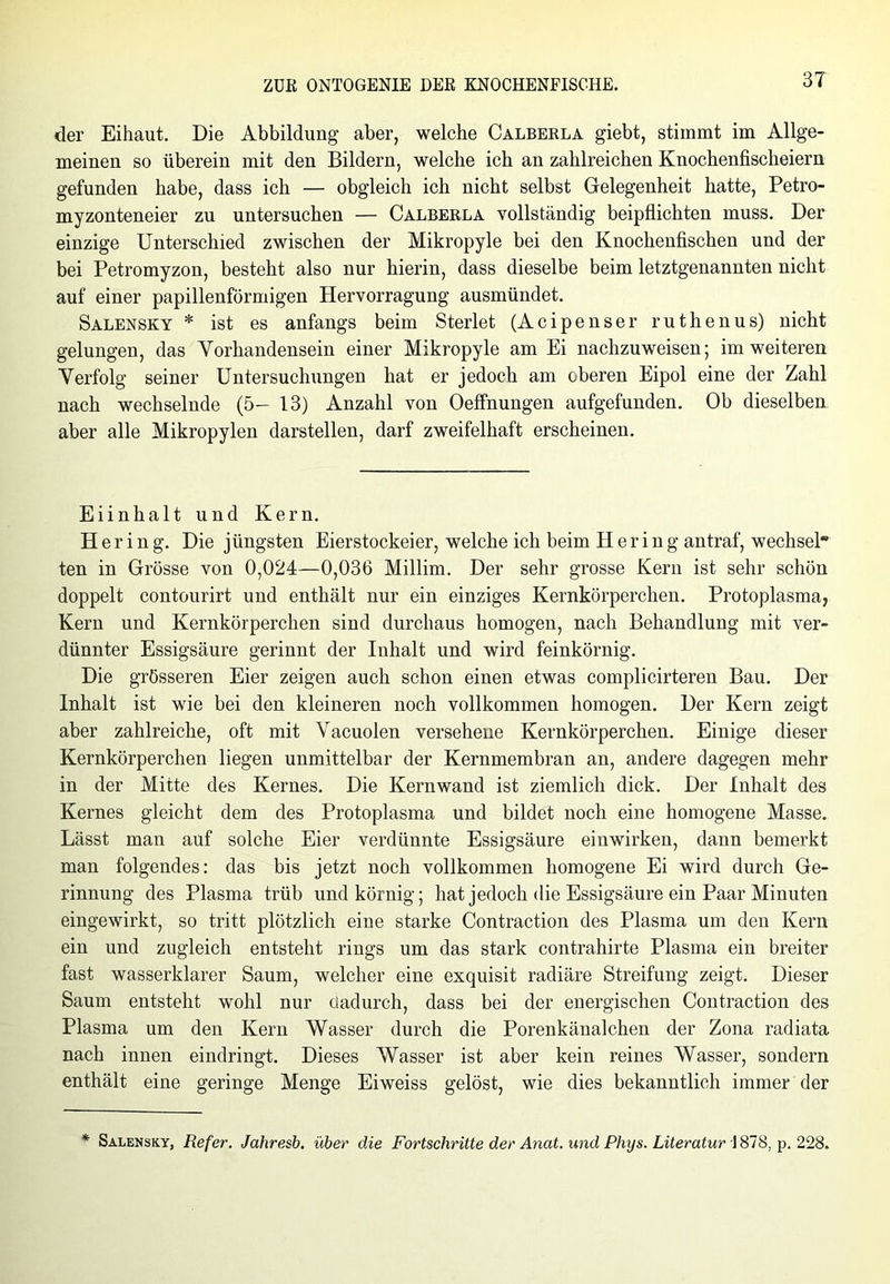 der Eihaut. Die Abbildung aber, welche Calberla giebt, stimmt im Allge- meinen so überein mit den Bildern, welche ich an zahlreichen Knochenfischeiern gefunden habe, dass ich — obgleich ich nicht selbst Gelegenheit hatte, Petro- myzonteneier zu untersuchen — Calberla vollständig beipflichten muss. Der einzige Unterschied zwischen der Mikropyle bei den Knochenfischen und der bei Petromyzon, besteht also nur hierin, dass dieselbe beim letztgenannten nicht auf einer papillenförmigen Hervorragung ausmündet. Salensky * ist es anfangs beim Sterlet (Acipenser ruthenus) nicht gelungen, das Vorhandensein einer Mikropyle am Ei nachzuweisen; im weiteren Verfolg seiner Untersuchungen hat er jedoch am oberen Eipol eine der Zahl nach wechselnde (5- 13) Anzahl von Oeffnungen aufgefunden. Ob dieselben aber alle Mikropylen darstellen, darf zweifelhaft erscheinen. Eiinhalt und Kern. Her i n g. Die jüngsten Eierstockeier, welche ich beim Hering antraf, wechsel- ten in Grösse von 0,024—0,036 Millim. Der sehr grosse Kern ist sehr schön doppelt contourirt und enthält nur ein einziges Kernkörperchen. Protoplasma, Kern und Kernkörperchen sind durchaus homogen, nach Behandlung mit ver- dünnter Essigsäure gerinnt der Inhalt und wird feinkörnig. Die grösseren Eier zeigen auch schon einen etwas complicirteren Bau. Der Inhalt ist wie bei den kleineren noch vollkommen homogen. Der Kern zeigt aber zahlreiche, oft mit Vacuolen versehene Kernkörperchen. Einige dieser Kernkörperchen liegen unmittelbar der Kernmembran an, andere dagegen mehr in der Mitte des Kernes. Die Kern wand ist ziemlich dick. Der Inhalt des Kernes gleicht dem des Protoplasma und bildet noch eine homogene Masse. Lässt man auf solche Eier verdünnte Essigsäure einwirken, dann bemerkt man folgendes: das bis jetzt noch vollkommen homogene Ei wird durch Ge- rinnung des Plasma trüb und körnig; hat jedoch die Essigsäure ein Paar Minuten eingewirkt, so tritt plötzlich eine starke Contraction des Plasma um den Kern ein und zugleich entsteht rings um das stark contrahirte Plasma ein breiter fast wasserklarer Saum, welcher eine exquisit radiäre Streifung zeigt. Dieser Saum entsteht wohl nur dadurch, dass bei der energischen Contraction des Plasma um den Kern Wasser durch die Porenkänalchen der Zona radiata nach innen eindringt. Dieses Wasser ist aber kein reines Wasser, sondern enthält eine geringe Menge Eiweiss gelöst, wie dies bekanntlich immer der * Salensky, Refer. Jahresb. über die Fortschritte der Anat. und Phys. Literatur 1878. p. 228.