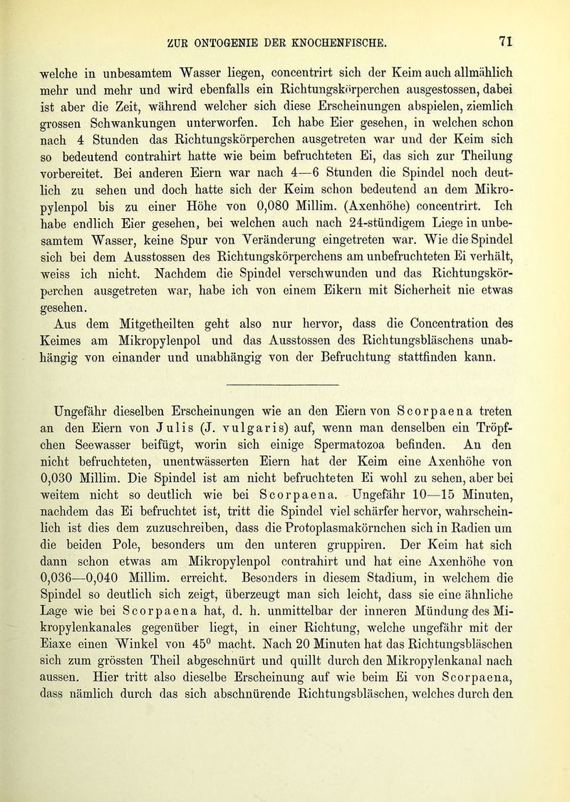 welche in unbesamtem Wasser liegen, concentrirt sich der Keim auch allmählich mehr und mehr und wird ebenfalls ein Richtungskörperchen ausgestossen, dabei ist aber die Zeit, während welcher sich diese Erscheinungen abspielen, ziemlich grossen Schwankungen unterworfen. Ich habe Eier gesehen, in welchen schon nach 4 Stunden das Richtungskörperchen ausgetreten war und der Keim sich so bedeutend contrahirt hatte wie beim befruchteten Ei, das sich zur Theilung vorbereitet. Bei anderen Eiern war nach 4—6 Stunden die Spindel noch deut- lich zu sehen und doch hatte sich der Keim schon bedeutend an dem Mikro- pylenpol bis zu einer Höhe von 0,080 Millim. (Axenhöhe) concentrirt. Ich habe endlich Eier gesehen, bei welchen auch nach 24-stündigem Liege in unbe- samtem Wasser, keine Spur von Veränderung eingetreten war. Wie die Spindel sich bei dem Ausstossen des Richtungskörperchens am unbefruchteten Ei verhält, weiss ich nicht. Nachdem die Spindel verschwunden und das Richtungskör- perchen ausgetreten war, habe ich von einem Eikern mit Sicherheit nie etwas gesehen. Aus dem Mitgetheilten geht also nur hervor, dass die Concentration des Keimes am Mikropylenpol und das Ausstossen des Richtungsbläschens unab- hängig von einander und unabhängig von der Befruchtung stattfinden kann. Ungefähr dieselben Erscheinungen wie an den Eiern von Scorpaena treten an den Eiern von Julis (J. vulgaris) auf, wenn man denselben ein Tröpf- chen Seewasser beifügt, worin sich einige Spermatozoa befinden. An den nicht befruchteten, unentwässerten Eiern hat der Keim eine Axenhöhe von 0,030 Millim. Die Spindel ist am nicht befruchteten Ei wohl zu sehen, aber bei weitem nicht so deutlich wie bei Scorpaena. Ungefähr 10—15 Minuten, nachdem das Ei befruchtet ist, tritt die Spindel viel schärfer hervor, wahrschein- lich ist dies dem zuzuschreiben, dass die Protoplasmakörnchen sich in Radien um die beiden Pole, besonders um den unteren gruppiren. Der Keim hat sich dann schon etwas am Mikropylenpol contrahirt und hat eine Axenhöhe von 0,036—0,040 Millim. erreicht. Besonders in diesem Stadium, in welchem die Spindel so deutlich sich zeigt, überzeugt man sich leicht, dass sie eine ähnliche Lage wie bei Scorpaena hat, d. h. unmittelbar der inneren Mündung des Mi- kropylenkanales gegenüber liegt, in einer Richtung, welche ungefähr mit der Eiaxe einen Winkel von 45° macht. Nach 20 Minuten hat das Richtungsbläschen sich zum grössten Theil abgeschnürt und quillt durch den Mikropylenkanal nach aussen. Hier tritt also dieselbe Erscheinung auf wie beim Ei von Scorpaena, dass nämlich durch das sich abschnürende Richtungsbläschen, welches durch den