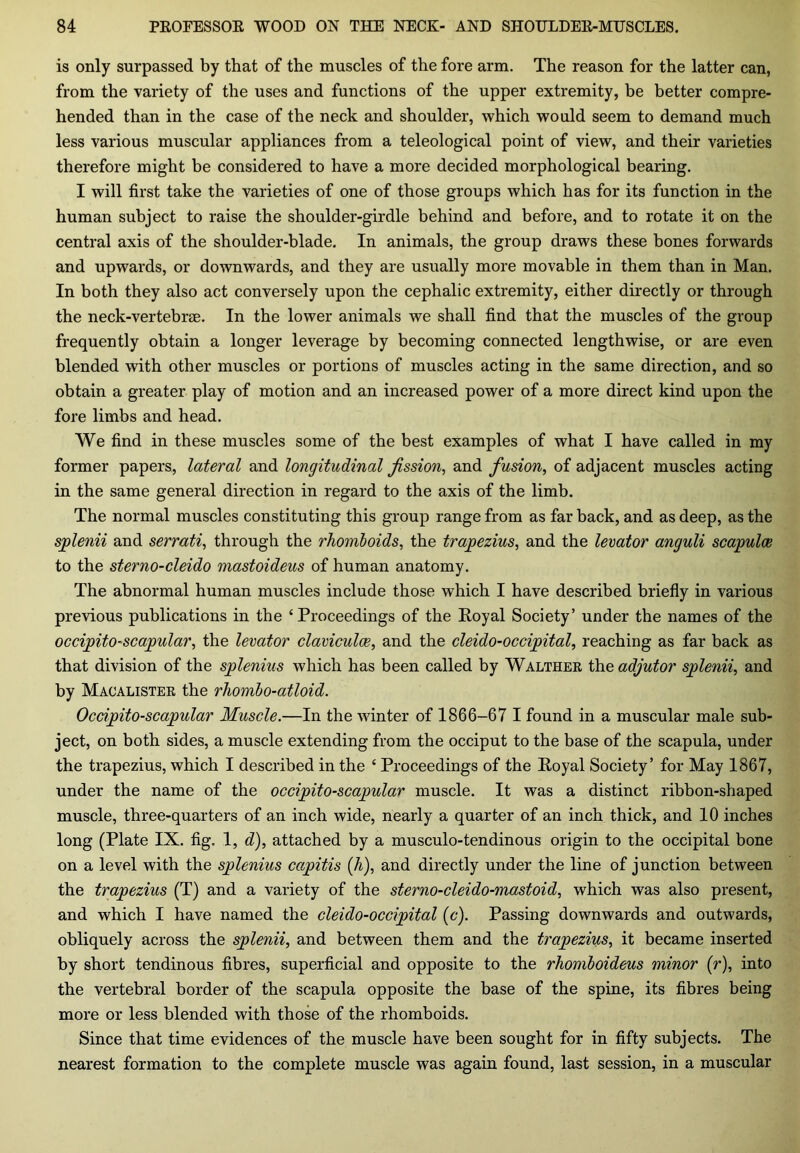 is only surpassed by that of the muscles of the fore arm. The reason for the latter can, from the variety of the uses and functions of the upper extremity, be better compre- hended than in the case of the neck and shoulder, which would seem to demand much less various muscular appliances from a teleological point of view, and their varieties therefore might be considered to have a more decided morphological bearing. I will first take the varieties of one of those groups which has for its function in the human subject to raise the shoulder-girdle behind and before, and to rotate it on the central axis of the shoulder-blade. In animals, the group draws these bones forwards and upwards, or downwards, and they are usually more movable in them than in Man. In both they also act conversely upon the cephalic extremity, either directly or through the neck-vertebrae. In the lower animals we shall find that the muscles of the group frequently obtain a longer leverage by becoming connected lengthwise, or are even blended with other muscles or portions of muscles acting in the same direction, and so obtain a greater play of motion and an increased power of a more direct kind upon the fore limbs and head. We find in these muscles some of the best examples of what I have called in my former papers, lateral and longitudinal fission, and fusion, of adjacent muscles acting in the same general direction in regard to the axis of the limb. The normal muscles constituting this group range from as far back, and as deep, as the splenii and serrati, through the rhomboids, the trapezius, and the levator anguli scapulas to the sterno-cleido mastoideus of human anatomy. The abnormal human muscles include those which I have described briefly in various previous publications in the ‘Proceedings of the Royal Society’ under the names of the occipito-scapular, the levator claviculas, and the cleido-occipital, reaching as far back as that division of the splenius which has been called by Walther the adjutor splenii, and by Macalister the rhombo-atloid. Occipito-scapular Muscle.—In the winter of 1866-67 I found in a muscular male sub- ject, on both sides, a muscle extending from the occiput to the base of the scapula, under the trapezius, which I described in the ‘ Proceedings of the Royal Society’ for May 1867, under the name of the occipito-scapular muscle. It was a distinct ribbon-shaped muscle, three-quarters of an inch wide, nearly a quarter of an inch thick, and 10 inches long (Plate IX. fig. 1, d), attached by a musculo-tendinous origin to the occipital bone on a level with the splenius capitis (h), and directly under the line of junction between the trapezius (T) and a variety of the sterno-cleido-mastoid, which was also present, and which I have named the cleido-occipital (c). Passing downwards and outwards, obliquely across the splenii, and between them and the trapezius, it became inserted by short tendinous fibres, superficial and opposite to the rhomboideus minor (r), into the vertebral border of the scapula opposite the base of the spine, its fibres being more or less blended with those of the rhomboids. Since that time evidences of the muscle have been sought for in fifty subjects. The nearest formation to the complete muscle was again found, last session, in a muscular