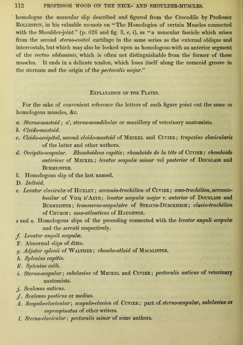 homologue the muscular slip described and figured from the Crocodile by Professor Rolleston, in his valuable memoir on “ The Homologies of certain Muscles connected with the Shoulder-joint” (p. G26 and fig. 3, e, i), as “a muscular fascicle which arises from the second sterno-costal cartilage in the same series as the external oblique and intercostals, but which may also be looked upon as homologous with an anterior segment of the rectus abdominis, which is often not distinguishable from the former of these muscles. It ends in a delicate tendon, which loses itself along the coracoid groove in the sternum and the origin of the pectoralis major. Explanation of the Plates. For the sake of convenient reference the letters of each figure point out the same or homologous muscles, &c. a. Sterno-mastoid; a', sterno-mandibular or maxillary of veterinary anatomists. b. C lei do-mastoid. c. Cleido-occipital, second cleido-mastoid of Meckel and Cuvier ; trapezius clavicularis of the latter and other authors. d. Occipito-scapular. JRhomboideus capitis; rhomboide de la tete of Cuvier ; rhomboide anterieur of Meckel ; levator scapulae minor vel posterior of Douglass and Burmeister. }>. Homologous slip of the last named. D. Deltoid. e. Levator claviculce of Huxley ; acromio-trachelien of Cuvier ; omo-trachelien, acromio- basilar of Vicq d’Azyr; levator scapulae major v. anterior of Douglass and Burmeister; transverso-scapulaire of Strauss-Durckheim; clavio-trachelien of Church ; omo-atlanticus of Haughton. g and 7j. Homologous slips of the preceding connected with the levator anguli scapulae and the serrati respectively. f. Levator anguli scapulae. F. Abnormal slips of ditto. q. Adjutor splenii of Walther ; rhombo-atloid of Macalister. h. Splenius capitis, h!. Splenius colli. i. Sterno-scapular; subclavius of Meckel and Cuvier ; pectoralis anticus of veterinary anatomists. j. Scalenus anticus. j'. Scalenus posticus or medius. k. Scapulo-clavicular; scapulo-clavien of Cuvier ; part of sterno-scapular, subclavius or supraspinatus of other writers. l. Sterno-clavicular; pectoralis minor of some authors.
