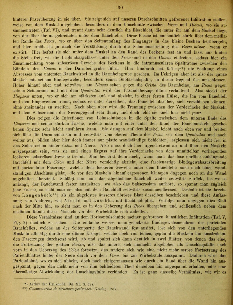 hinterer Faserüberzug in sie über. Sie zeigt sich auf unseren Durchschnitten gefrorener Infiltration stellen- weise von dem Muskel abgehoben, besonders in dem Einschnitte zwischen Psoas und Iliacus, wo sie zu- sammentreten (Taf. VI), und trennt dann sehr deutlich die Eisschicht, die unter ihr auf dem Muskel liegt, von der über ihr ausgebreiteten unter dem Bauchfelle. Diese Fascie ist namentlich stark über dem media- len Rande des Psoas, wo er über den Seitenumfang des Einganges in das kleine Becken herübergeht, und hier erhält sie ja auch die Verstärkung durch die Sehnenausbreitung des Psoas minor, wenn er existirt. Hier heftet sie sich unter dem Muskel an den Rand des Beckens fest an und lässt nur hinten die Stelle frei, wo die Ileolumbargefässe unter den Psoas und in den Iliacus eintreten, sodass hier ein Zusammenhang vom subserösen Gewebe des Beckens in die intramusculären Spalträume zwischen den Bündeln des Iliacus in der Darmbeingrube führt. Hier hindurch hat König*) die Senkung eines Abscesses vom untersten Bauchwirbel in die Darmbeingrube gesehen. Im Uebrigen aber ist also der ganze Muskel mit seinem Bindegewebe, besonders seiner Subfascialspalte, in dieser Gegend fest umschlossen. Höher hinauf aber und seitwärts, am Iliacus schon gegen die Crista des Darmbeins, am Psoas gegen seinen Seitenrand und auf dem Quadratus wird der Fascialiiberzug dünn verlaufend. Also steckt der Iliopsoas unten, wo er sich am stärksten auf- und abzieht, in einer festen Hülse, die ihn vom Bauchfell und den Eingeweiden trennt, sodass er unter derselben, das .Bauchfell darüber, sich verschieben können, ohne aneinander zu streifen. Nach oben aber wird die Trennung zwischen der Vorderfläche der Muskeln und dem Subserosium der Nierengegend sehr dünn; und doch fehlt sie auch hier nicht ganz. Dies zeigen die Injectionen von Leimsolutionen in die Spalte zwischen dem unteren Ende des Iliopsoas und seiner starken Fascie, welche man mit einer unter den Rand der Bauchmuskeln gescho- benen Spritze sehr leicht ausführen kann. Sie dringen auf dem Muskel leicht nach oben vor und breiten sich über die Darmbeincrista und seitwärts vom oberen Theile des Psoas vor dem Quadratus und noch weiter aus, bilden aber hier doch immer nur platte wandständige Schichten, ergiessen sich nicht frei in das Subserosium hinter Colon und Niere. Also muss doch hier irgend etwas an und über den Muskeln ausgespannt sein, was sie und einen Erguss auf ihre Vorderfläche von dem unmittelbar vorliegenden lockeren subserösen Gewebe trennt. Man bemerkt denn auch, wenn man das lose darüber anhängende Bauchfell mit dem Colon und der Niere vorsichtig abzieht, eine fascienartige Bindegewebsausbreitung mit horizontaler Faserung, welche dem lockeren Gewebe unter dem Bauchfelle auch noch einen wand- ständigen Abschluss giebt, die vor den Muskeln hinauf ergossenen Klumpen dagegen noch an die Wand angehalten überzieht. Schlägt man nun das abgehobene Bauchfell weiter seitwärts zurück, bis wo es anfängt, der Bauchwand fester anzusitzen, wo also das Subserosium auf hört, so spannt man zugleich jene Fascie, so sieht man sie also mit dem Bauchfell seitwärts zusammenfliessen. Deshalb ist sie bereits von Langenbeck**) als ein abgelöstes äusseres fibröses Blatt desselben beschrieben und diese Auffas- sung von Anderen, wie Arnold und Luschka mit Recht adoptirt. Verfolgt man dagegen dies Blatt nach der Mitte hin, so sieht man es in den Ueberzug des Psoas übergehen und schliesslich neben dem medialen Rande dieses Muskels vor der Wirbelsäule sich anheften. Diese Verhältnisse sind an dem Horizontalschnitte meiner gefrorenen künstlichen Infiltration (Taf. V, Fig. 2) deutlich zu sehen. Die einfache weisse unaufgelockerte Bindegewebsmembran des parietalen Bauchfelles, welche an der Seitenpartie der Bauchwand fest ansitzt, löst sich von den unterliegenden Muskeln allmälig durch eine dünne Eislage, welche noch von feinen, gegen die Muskeln hin ausstrahlen- den Faserzügen durchsetzt wird, ab und spaltet sich dann deutlich in zwei Blätter, von denen das eine, die Fortsetzung der glatten Serosa, also das innere, sich nunmehr abgehoben als Umschlagsfalte nach vorn in den Ueberzug des Colon fortsetzt, das andere sich wie eine nicht mehr seröse Fortsetzung des Parietalblattes hinter der Niere durch vor dem Psoas bis zur Wirbelsäule ausspannt. Dadurch wird das Parietalblatt, wo es sich abhebt, doch noch einigermaassen wie durch ein Band über die Wand hin aus- gespannt, gegen den nicht mehr von ihm bekleideten Theil derselben hin angespannt erhalten, oder eine übermässige Abwickelung der Umschlagsfalte verhindert. Es ist ganz dasselbe Verhältniss, wie wir es *) Archiv der Heilkunde. Bd. XI. S. 22S. **) Commentcirius de structura peritonaei. Gotting. 1817.