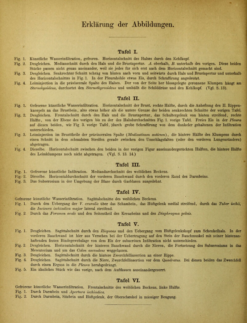 Erklärung der Abbildungen Tafel I. Fig. 1. Künstliche Wasserinfiltration, gefroren. Horizontalschnitt des Halses durch den Kehlkopf. Fig. 2. Desgleichen. Medianschnitt durch den Hals und die Brustapertur. A. oberhalb, B. unterhalb des vorigen. Diese beiden Stücke passen nicht genau aneinander, weil sie jedes für sich erst nach dem Horizontalschnitt gemacht sind. Fig. 3. Desgleichen. Senkrechter Schnitt schräg von hinten nach vorn und seitwärts durch Hals und Brustapertur und unterhalb des Horizontalschnittes in Fig. 1. In der Pleurahöhle etwas Eis, durch Schraffiruog angedeutet. Fig. 4. Leiminjection in die präviscerale Spalte des Halses. Der von der Seite her blossgelegte geronnene Klumpen hängt am Sternohyoideus, durchsetzt den Sternothyreoideus und umhüllt die Schilddrüse und den Kehlkopf. (Ygl. S. 13). Tafel n. Fig. 1. Gefrorene künstliche Wasserinfiltration. Horizontalschnitt der Brust, rechte Hälfte, durch die Anheftung des II. Rippen- knorpels an das Brustbein, also etwas höher als die untere Grenze der beiden senkrechten Schnitte der vorigen Tafel. Fig. 2. Desgleichen. Frontalschnitt durch den Hals und die Brustapertur, das Schultergelenk von hinten streifend, rechte Hälfte, von der Ebene des vorigen bis zu der des Halsdurchschnittes Fig. 1. vorige Tafel. Freies Eis in der Pleura auf diesen beiden, wie Fig 3. vorige Tafel, (durch grobe Schraffirung von dem dunkeier gehaltenen der Infiltration unterschieden. Fig. 3. Leiminjection im Brusttheile der prävisceralen Spalte (Mediastinum anticum), die hintere Hälfte des Klumpens durch einen Schnitt in dem schmälsten Streifen gerade zwischen den Umschlagsfalten (oder den vorderen Lungenrändern) , abgetragen. Fig. 4. Dieselbe. Horizontalschnitt zwischen den beiden in der vorigen Figur auseinandergerückten Hälften, die hintere Hälfte des Leimklumpens noch nicht abgetragen. (Vgl. S. 13. 14.) Tafel m. Fig. 1. Gefrorene künstliche Infiltration. Mediandurchschnitt des weiblichen Beckens. Fig. 2. Dieselbe. Horizontaldurchschnitt der vorderen Bauchwand durch den vorderen Rand des Darmbeins. Fig. 3. Das Subserosium in der Umgebung der Blase durch Gasblasen ausgedehnt. Tafel IV. Gefrorene künstliche Wasserinfiltration. Sagittalschnitte des weiblichen Beckens. Fig. 1. Durch den Uebergang der V. cruralis über das Schambein, das Hüftgelenk medial streifend, durch das Tuber ischii, die Incisura ischiadica major lateral streifend. Fig. 2. Durch das Foramen ovale und den Seitentheil des Kreuzbeins und des Diaphragma pelvis. Tafel V. Fig. 1. Desgleichen. Sagittalschnitt durch den Iliopsoae und den Uebergang vom Hüftgelenkskopf zum Schenkelhals. In der vorderen Bauchwand ist hier aus Versehen bei der Uebertragung auf den Stein der Bauchmuskel mit seiner hintenan- haftenden festen Bindegewebslage von dem Eis der subserösen Infiltration nicht unterschieden. Fig. 2. Desgleichen. Horizontalschnitt der hinteren Bauchwand durch die Nieren, die Fortsetzung des Subserosiums in das Mesenterium und um das Colon ascendens weggelassen. Fig. 3. Desgleichen. Sagittalschnitt durch die hintere Zwerchfellinserlion an einer Rippe. Fig. 4. Desgleichen. Sagittalschnitt durch die Niere, Zwerchfellinsertion vor dem Quadratus. Bei diesen beiden das Zwerchfell durch einen Erguss in die Pleura herabgedrängt. Fig. 5. Ein ähnliches Stück wie das vorige, nach dem Aufthauen auseinandergezerrt. Tafel VI. Gefrorene künstliche Wasserinfiltration. Frontaischnitte des weiblichen Beckens, linke Hälfte. Fig. 1. Durch Darmbein und Apertura ischiadica.