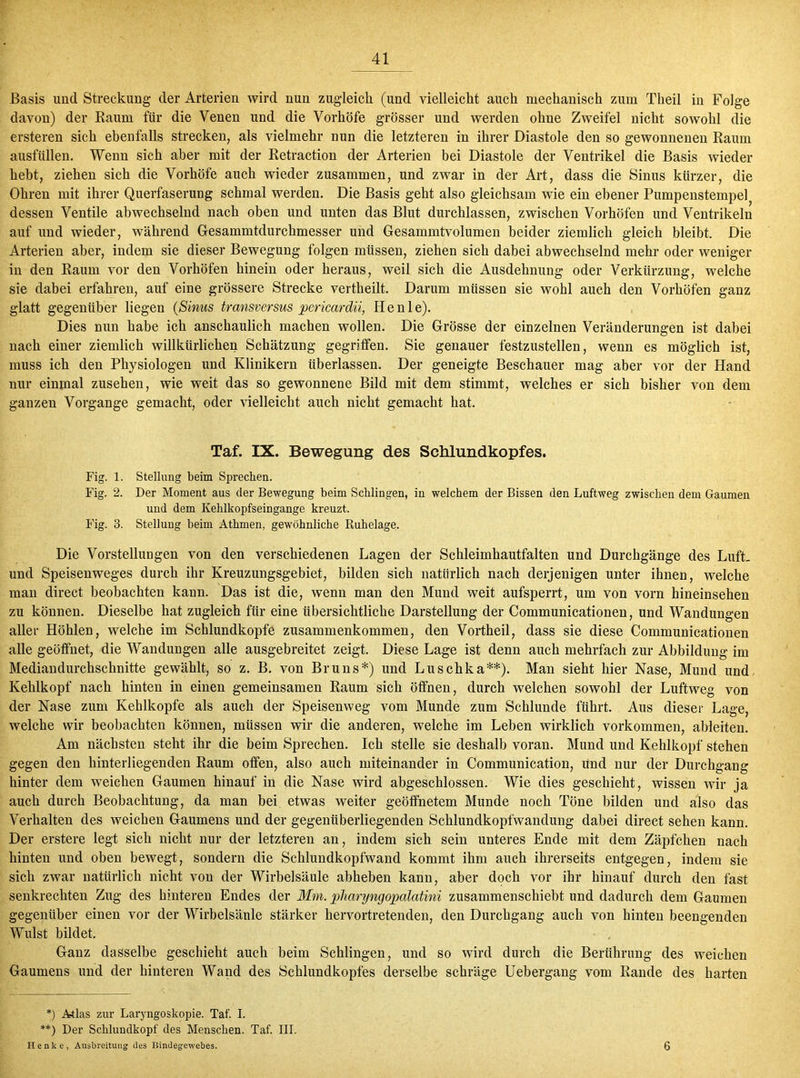 Basis und Streckung der Arterien wird nun zugleich (und vielleicht auch mechanisch zum Theil in Folge davon) der Raum für die Venen und die Vorhöfe grösser und werden ohne Zweifel nicht sowohl die ersteren sich ebenfalls strecken, als vielmehr nun die letzteren in ihrer Diastole den so gewonnenen Raum ausfüllen. Wenn sich aber mit der Retraction der Arterien bei Diastole der Ventrikel die Basis wieder hebt, ziehen sich die Vorhöfe auch wieder zusammen, und zwar in der Art, dass die Sinus kürzer, die Ohren mit ihrer Querfaserung schmal werden. Die Basis geht also gleichsam wie ein ebener Pumpenstempel dessen Ventile abwechselnd nach oben und unten das Blut durchlassen, zwischen Vorhöfen und Ventrikeln auf und wieder, während Gesammtclurchmesser und Gesammtvolumen beider ziemlich gleich bleibt. Die Arterien aber, indem sie dieser Bewegung folgen müssen, ziehen sich dabei abwechselnd mehr oder weniger in den Raum vor den Vorhöfen hinein oder heraus, weil sich die Ausdehnung oder Verkürzung, welche sie dabei erfahren, auf eine grössere Strecke vertheilt. Darum müssen sie wohl auch den Vorhöfen ganz glatt gegenüber liegen (Sinus transversus pericardü, Heule). Dies nun habe ich anschaulich machen wollen. Die Grösse der einzelnen Veränderungen ist dabei nach einer ziemlich willkürlichen Schätzung gegritfen. Sie genauer festzustellen, wenn es möglich ist, muss ich den Physiologen und Klinikern überlassen. Der geneigte Beschauer mag aber vor der Hand nur einmal zusehen, wie weit das so gewonnene Bild mit dem stimmt, welches er sich bisher von dem ganzen Vorgänge gemacht, oder vielleicht auch nicht gemacht hat. Taf. IX. Bewegung des Schlundkopfes. Fig. 1. Stellung beim Sprechen. Fig. 2. Der Moment aus der Bewegung beim Schlingen, in welchem der Bissen den Luftweg zwischen dem Gaumen und dem Kehlkopfseingange kreuzt. Fig. 3. Stellung beim Athmen, gewöhnliche Buhelage. Die Vorstellungen von den verschiedenen Lagen der Schleimhautfalten und Durchgänge des Luft, und Speisenweges durch ihr Kreuzungsgebiet, bilden sich natürlich nach derjenigen unter ihnen, welche man direct beobachten kann. Das ist die, wenn man den Mund weit aufsperrt, um von vorn hineinsehen zu können. Dieselbe hat zugleich für eine übersichtliche Darstellung der Communicationen, und Wandungen aller Höhlen, welche im Schlundkopfe Zusammenkommen, den Vortheil, dass sie diese Communicationen alle geöffnet, die Wandungen alle ausgebreitet zeigt. Diese Lage ist denn auch mehrfach zur Abbildung im Mediandurchschnitte gewählt, so z. B. von Bruns*) und Luschka**). Man sieht hier Nase, Mund und Kehlkopf nach hinten in einen gemeinsamen Raum sich öffnen, durch welchen sowohl der Luftweg von der Nase zum Kehlkopfe als auch der Speisenweg vom Munde zum Schlunde führt. Aus dieser Lage, welche wir beobachten können, müssen wir die anderen, welche im Leben wirklich Vorkommen, ableiten. Am nächsten steht ihr die beim Sprechen. Ich stelle sie deshalb voran. Mund und Kehlkopf stehen gegen den hinterliegenden Raum offen, also auch miteinander in Communication, und nur der Durchgang hinter dem weichen Gaumen hinauf in die Nase wird abgeschlossen. Wie dies geschieht, wissen wir ja auch durch Beobachtung, da man bei etwas weiter geöffnetem Munde noch Töne bilden und also das Verhalten des weichen Gaumens und der gegenüberliegenden Schlunclkopfwandung dabei direct sehen kann. Der erstere legt sich nicht nur der letzteren an, indem sich sein unteres Ende mit dem Zäpfchen nach hinten und oben bewegt, sondern die Schlundkopfwand kommt ihm auch ihrerseits entgegen, indem sie sich zwar natürlich nicht von der Wirbelsäule abheben kann, aber doch vor ihr hinauf durch den fast senkrechten Zug des hinteren Endes der Mm. pliaryngopalatini zusammenschiebt und dadurch dem Gaumen gegenüber einen vor der Wirbelsäule stärker hervortretenden, den Durchgang auch von hinten beengenden Wulst bildet. Ganz dasselbe geschieht auch beim Schlingen, und so wird durch die Berührung des weichen Gaumens und der hinteren Wand des Schlundkopfes derselbe schräge Uebergang vom Rande des harten *) Atlas zur Laryngoskopie. Taf. I. **) Der Scklundkopf des Menschen. Taf. III. Henke, Ausbreitung des Bindegewebes. 6