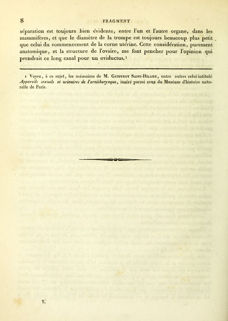 séparation est toujours bien e'vidente, entre l’un et l’autre organe, dans les mammifères, et que le diamètre de la trompe est toujours beaucoup plus petit que celui du commencement de la corne ute'rine. Cette conside'ration, purement anatomique, et la structure de l’ovaire, me font pencher pour l’opinion qui prendrait ce long canal pour un oviductus.1 i Voyez, à ce sujet, les mémoires de M. Geoffroy Saint-Hilaire, entre autres celui intitulé Appareils sexuels et urinaires de l'ornithorynque, inséré parmi ceux du Muséum d’histoire natu- relle de Paris.