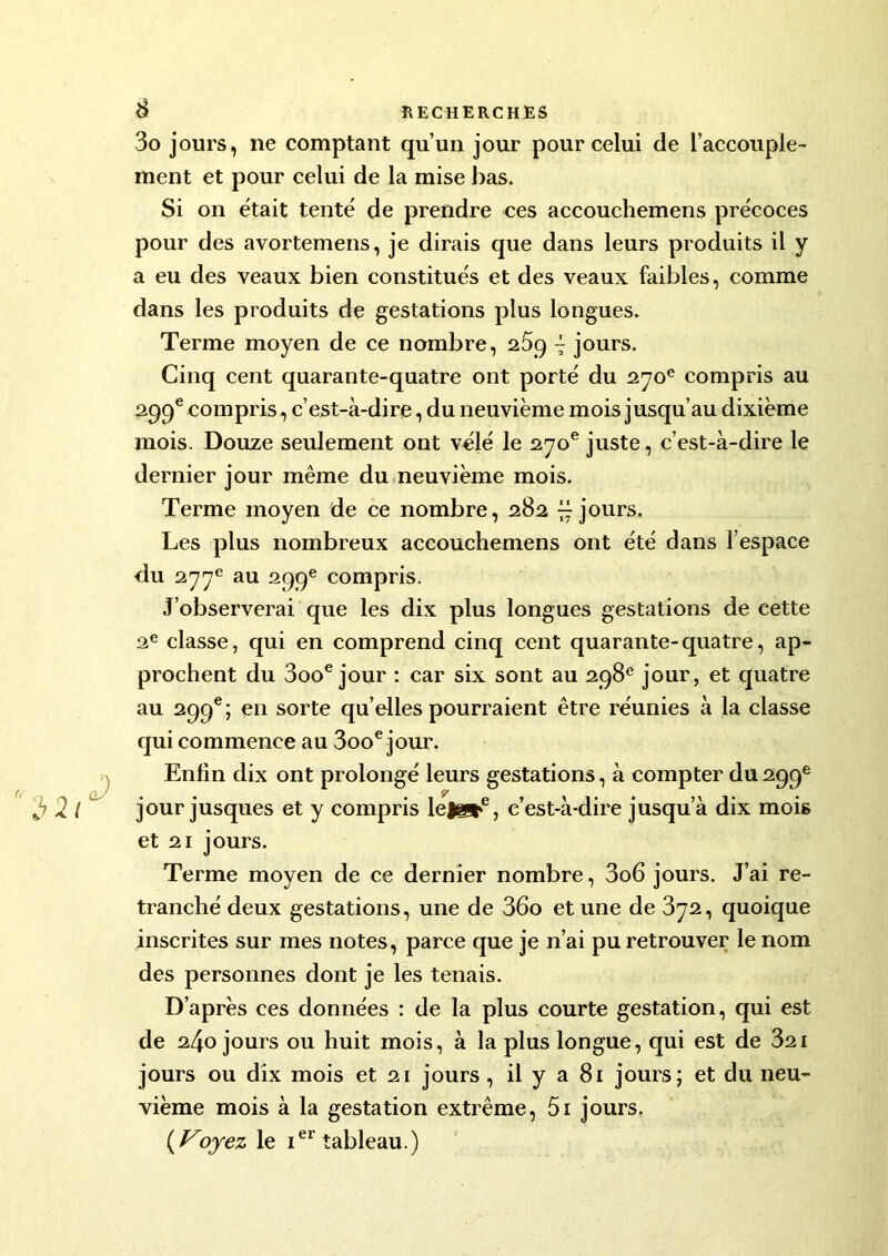 3o jours, ne comptant qu’un jour pour celui de l’accouple- ment et pour celui de la mise bas. Si on était tenté de prendre ces accouchemens précoces pour des avortemens, je dirais que dans leurs produits il y a eu des veaux bien constitués et des veaux faibles, comme dans les produits de gestations plus longues. Terme moyen de ce nombre, 25g 7 jours. Cinq cent quarante-quatre ont porté du 270e compris au 299e compris, c’est-à-dire, du neuvième mois j usqu’au dixième mois. Douze seulement ont vélé le 270e juste, c’est-à-dire le dernier jour même du neuvième mois. Terme moyen de ce nombre, 282 — jours. Les plus nombreux accouchemens ont été dans l’espace du 277e au 299e compris. J’observerai que les dix plus longues gestations de cette 2e classe, qui en comprend cinq cent quarante-quatre, ap- prochent du 3ooe jour : car six sont au 298e jour, et quatre au 299e; en sorte quelles pourraient être réunies à la classe qui commence au 3ooe jour. Enfin dix ont prolongé leurs gestations, à compter du299e </ jour jusques et y compris lejg*6, c’est-à-dire jusqu’à dix mois et 21 jours. Terme moyen de ce dernier nombre, 3o6 jours. J’ai re- tranché deux gestations, une de 36o et une de 372, quoique inscrites sur mes notes, parce que je n’ai pu retrouver le nom des personnes dont je les tenais. D’après ces données : de la plus courte gestation, qui est de 240 jours ou huit mois, à la plus longue, qui est de 321 jours ou dix mois et 21 jours , il y a 81 jours; et du neu- vième mois à la gestation extrême, 5i jours. {Voyez le Ier tableau.)