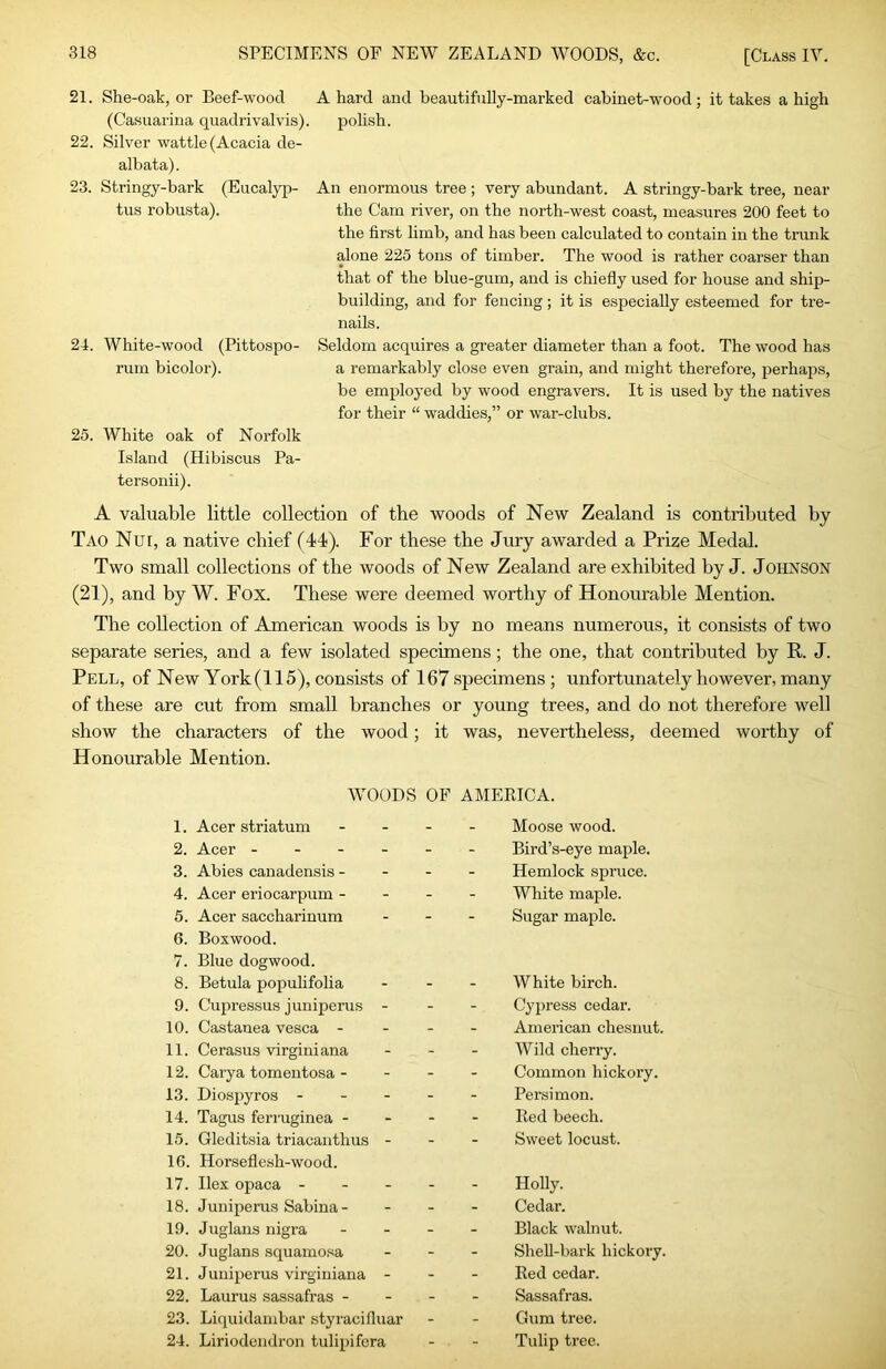 21. 22. 23. 24. 25. She-oak, or Beef-wood (Casuarina qiiadrivalvis). Silver wattle (Acacia de- albata). Stringy-bark (Eucalyp- tus robusta). White-wood (Pittospo- rum bicolor). White oak of Norfolk Island (Hibiscus Pa- tersonii). A hard and beautifully-marked cabinet-wood; it takes a high polish. An enormous tree; very abundant. A stringy-bark tree, near the Cam river, on the north-west coast, measures 200 feet to the first limb, and has been calculated to contain in the trunk alone 225 tons of timber. The wood is rather coarser than that of the blue-gum, and is chiefly used for house and ship- building, and for fencing; it is especially esteemed for tre- nails. Seldom acquires a greater diameter than a foot. The wood has a remarkably close even grain, and might therefore, perhaps, be employed by wood engravers. It is used by the natives for their “ waddies,” or war-clubs. A valuable little collection of the woods of New Zealand is contributed by Tao Nui, a native chief (44). For these the Jury awarded a Prize Medal. Two small collections of the woods of New Zealand are exhibited by J. Johnson (21), and by W. Fox. These were deemed worthy of Honourable Mention. The collection of American woods is by no means numerous, it consists of two separate series, and a few isolated specimens; the one, that contributed by R. J. Pell, of New York(115), consists of 167 specimens ; unfortunately however, many of these are cut from small branches or young trees, and do not therefore well show the characters of the wood; it was, nevertheless, deemed worthy of : characters of the wood; it was. nevertheless, de )le Mention. WOODS OF AMEKICA. 1. Acer striatum - - Moose wood. 2. Acer - - - - - - Bird’s-eye maple. 3. Abies canadensis - - - Hemlock spruce. 4. Acer eriocarpum - - - White maple. 5. Acer saccharinum - - Sugar maple. 6. Boxwood. 7. Blue dogwood. 8. Betula populifolia - - White birch. 9. Cupressus juniperus - - - Cypress cedar. 10. Castauea vesca - - - Amei'ican chesnut. 11. Cerasus virginiana - - Wild cherry. 12. Carya tomentosa - - - Common hickory. 13. Diosjjyros - - - - - Persimon. 14. Tagus ferruginea - - - Red beech. 15. Gleditsia triacaiithus - - - Sweet locust. 16. Horseflesh-wood. 17. Ilex opaca - - - - - Holly. 18. Juniperus Sabina- - - Cedar. 19. Juglans nigra - - Black walnut. 20. Juglans squamosa - - SheU-bark hickory. 21. Juniperus virginiana - - - Red cedar. 22. Laurus sassafras - - - Sassafras. 23. Liquidanibar styracifluar - - Cum tree. 24. Liriodcndron tulipifcra - - Tulip tree.