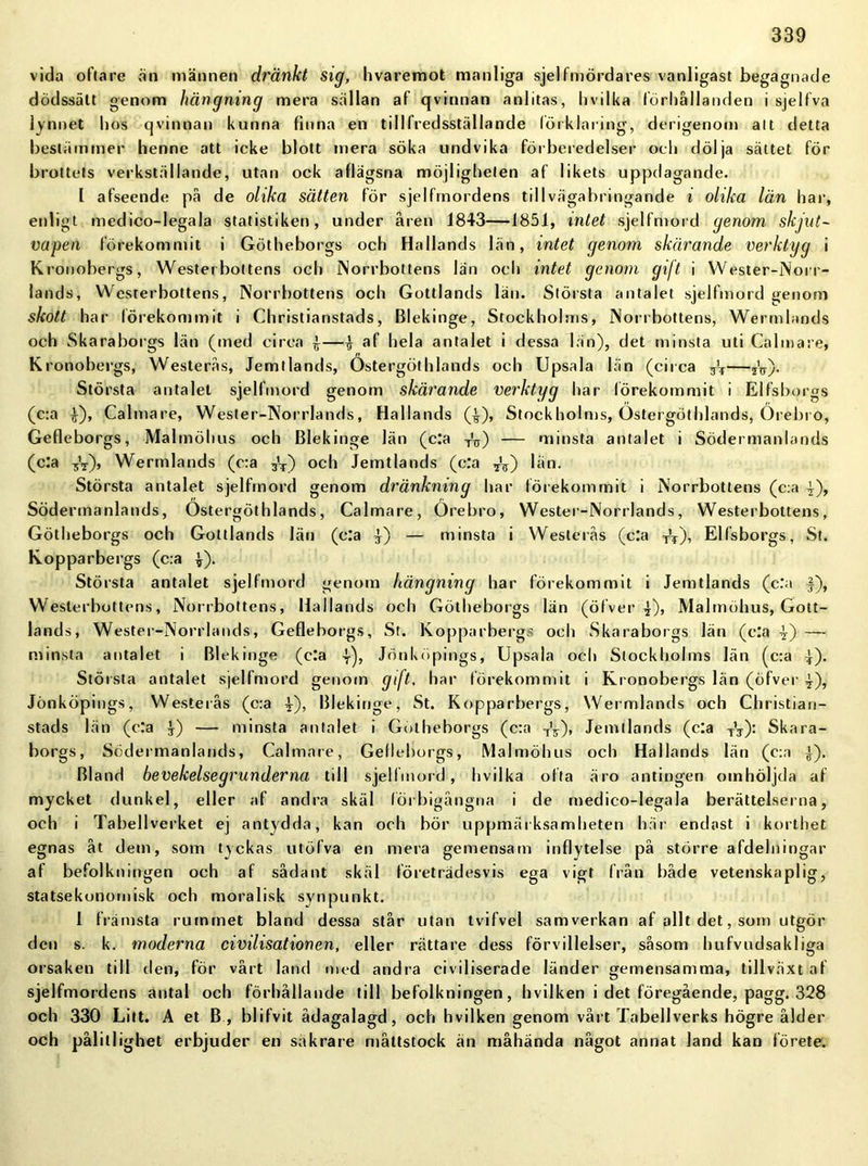 vida oftare an männen dränkt sig, hvaremot manliga sjelfmördares vanligast begagnade dödssätt genom hängning mera sällan af qvinnan anlitas, hvilka förhållanden i sjelfva lynnet hos qvinnan kunna finna en tillfredsställande förklaring, derigenom alt detta bestämmer henne att icke blott mera söka undvika förberedelser och dölja sättet för brottets verkställande, utan ock aflägsna möjligheten af likets uppdagande. [ afseende på de olika sätten för sjelfrnordens tillvägabringande i olika län har, enligt medico-Iegala statistiken, under åren 1843—1851, mtet sjelfmord genom skjut- vapen förekommit i Götheborgs och Hallands län, intet genom skärande verktyg i Kronobergs, Westerbottens och Norrbottens län och intet genom gift i Wester-Norr- lands, Westerbottens, Norrbottens och Gottlands län. Största antalet sjelfmord genom skott har förekommit i Christianstads, Blekinge, Stockholms, Norrbottens, Wermlands och Skaraborgs län (med cirea ^| af hela antalet i dessa län), det minsta uti Calmare, Kronobergs, Westerås, Jemtlands, Östergöthlands och Upsala län (circa —}V)- Största antalet sjelfmord genom skärande verktyg liar förekommit i Elfsborgs (c:a £), Calmare, Wester-Norrlands, Hallands (^), Stockholms, Ostergöthlands, Örebro, Gefleborgs, Malmöhus och Blekinge län (c:a TV) — minsta antalet i Södermanlands (c:a Vt)» Wermlands (era 3'^-) och Jemtlands (c.a 33) län. Största antalet sjelfmord genom dränkning har förekommit i Norrbottens (c:a -J-), Södermanlands, Ostergöthlands, Calmare, Örebro, Wester-Norrlands, Westerbottens, Götheborgs och Gottlands län (c:a 4) — minsta i Westerås (c:a T'T), Elfsborgs, St. Kopparbergs (c:a ^). Största antalet sjelfmord genom hängning har förekommit i Jemtlands (era ^), Westerbottens, Norrbottens, Hallands och Götheborgs län (öfver 4)> Malmöhus, Gott- lands, Wester-Norrlands, Gefleborgs, St. Kopparbergs och Skaraborgs län (c:a — minsta antalet i Blekinge (era Jönköpings, Upsala och Stockholms län (c:a ^). Största antalet sjelfmord genom gift, har förekommit i Kronobergs län (öfver ^), Jönköpings, Westerås (c:a ^), Blekinge, St. Kopparbergs, Wermlands och Christian- stads län (era — minsta antalet i Götheborgs (c:a T\r)> Jemtlands (da T’T): Skara- borgs, Södermanlands, Calmare, Gefleborgs, Malmöhus och Hallands län (e:a |). Bland bevekelsegrunderna till sjelfmord, hvilka ofta äro antingen omhöljda af mycket dunkel, eller af andra skäl förbigångna i de medico-Iegala berättelserna, och i Tabellverket ej antydda, kan och bör uppmärksamheten här endast i korthet egnas åt dem, som tyckas utöfva en mera gemensam inflytelse på större afdelningar af befolkningen och af sådant skäl företrädesvis ega vigt från både vetenskaplig, statsekonouiisk och moralisk synpunkt. 1 främsta rummet bland dessa står utan tvifvel samverkan af allt det, som utgör den s. k. moderna civilisationen, eller rättare dess förvillelser, såsom hufvndsakliga orsaken till den, för vårt land med andra civiliserade länder gemensamma, tillväxt af sjelfrnordens antal och förhållande till befolkningen, hvilken i det föregående, pagg. 328 och 330 Litt. A et B , blifvit ådagalagd, och hvilken genom vårt Tabellverks högre ålder och pålitlighet erbjuder en sakrare måttstock än måhända något annat land kan förete.