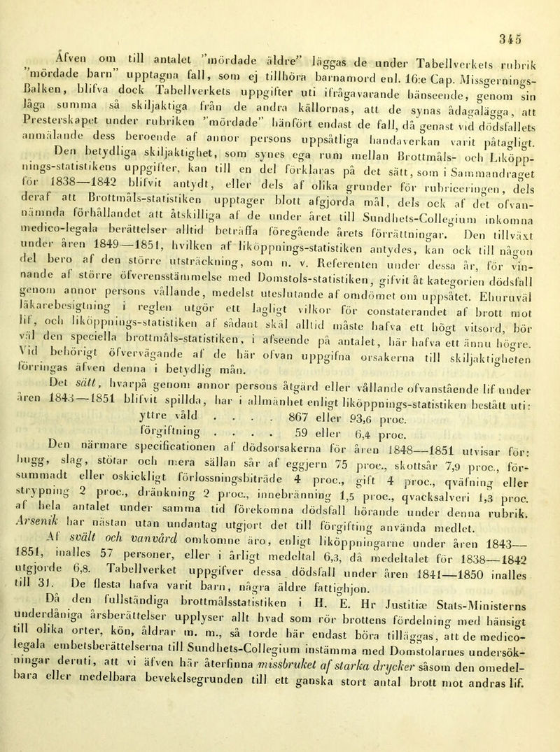 „ .. 0,“ tiU antalet ‘nördade äldre” läggas de under Tabellverkets rubrik mördade barn upptagna fall, som ej tillhöra barnamord enl. 16:e Cap. Missgernings- Balken, blifva dock Tabellverkets uppgifter uti ifrågavarande hänseende, genom sin laga summa sa skiljaktiga från de andra källornas, att de synas ådagalägga, att Presterskapet under rubriken ”mördade” hänfört endast de fall, då genast vid dödsfallets anmälande dess beroende af annor persons uppsåtliga handaverkan varit påtagligt. Den betydliga skiljaktighet, som synes ega rum mellan Brottmåls- och Liköpp- nmgs-statistikens uppgifter, kan till en del förklaras på det sätt, som i Sammandraget l.»r 1838—1842 blilvit antydt, eller dels af olika grunder för rubriceringen, dels deraf att Brottmåls-statistiken upptager blott afgjorda mål, dels ock af det ofvan- namnda förhållandet att åtskilliga af de under året till Sundhets-Collegium inkomna medico-legala berättelser alltid beträffa föregående årets förrättningar. Den tillväxt under åren 1849—1851, hvilken af liköppnings-statistiken antydes, kan ock till nåo-on del bero af den större utsträckning, som n. v. Referenten under dessa år, för vin- nande af storre olverensstämmelse med Domstols-statistiken, gifvit åt kategorien dödsfall genom annor persons vållande, medelst uteslutande af omdömet om uppsåtet. Ehuruväl läkarebesiglning ■ 1 —- -- 1 •• O O regien utgör ett lagligt -'ilkor för constaterandet af brott mot 1.1 och bkoppnmgs-statistiken af sådant skäl alltid måste hafva ett högt vitsord bör val den speciella brottmåls-statistiken, i afseende på antalet, här bafva ett ännu högre. Md behörigt ofvervägande af de här ofvan uppgifna orsakerna till skiljaktigheten förringas a (ven denna i betydlig mån. Det Satt ’ b var på genom annor persons åtgärd eller vållande ofvanstående lif under ■nen 843 1851 blilvit spillda, har i allmänhet enligt liköppnings-statistiken bestått uti: yttre vald .... 867 eller 93,6 proc. förgiftning .... 59 eller 6,4 proc. Den närmare specificationen af dödsorsakerna för åren 1848—1851 utvisar för- hugg, slag stötar och mera sällan sår af eggjern 75 proc., skottsår 7,9 proc., för- summad t eller oskickligt lörlossningsbiträde 4 proc., gift 4 proc., qväfning eller strypnmg 2 proc., dränknmg 2 proc., innebränning 1,5 proc., qvacksalveri 1,3 proc al hela antalet under samma tid förekomna dödsfall hörande under denna rubrik. Arsenik har nastan utan undantag utgjort det till förgifting använda medlet. Al svält och vanvård omkomne äro, enligt liköppningarne under åren 1843 1851, inalles 57 personer, eller i årligt medeltal 6,3, då medeltalet för 1838—1842 utgjorde 6,8. Tabellverket uppgifver dessa dödsfall under åren 1841—1850 inalles till 31. De flesta hafva varit barn, några äldre fattighjon. Då den fullständiga brottmålsstatistiken i H. E. Hr Justitke Stats-Ministerns underdamga årsberättelser upplyser allt hvad som rör brottens fördelning med hänsigt t> ona orter, kon, aldrar m. m., så torde här endast böra tilläggas, att de medico- cga a em be t s be ra 11 e lser n a till Sundhets-Collegium instämma med Domstolarnes undersök- ningar deruti, att vi äfven här återfinna missbruket af starka drycker såsom den omedel- bara eller medelbara bevekelsegrunden till ett ganska stort antal brott mot andras lif.
