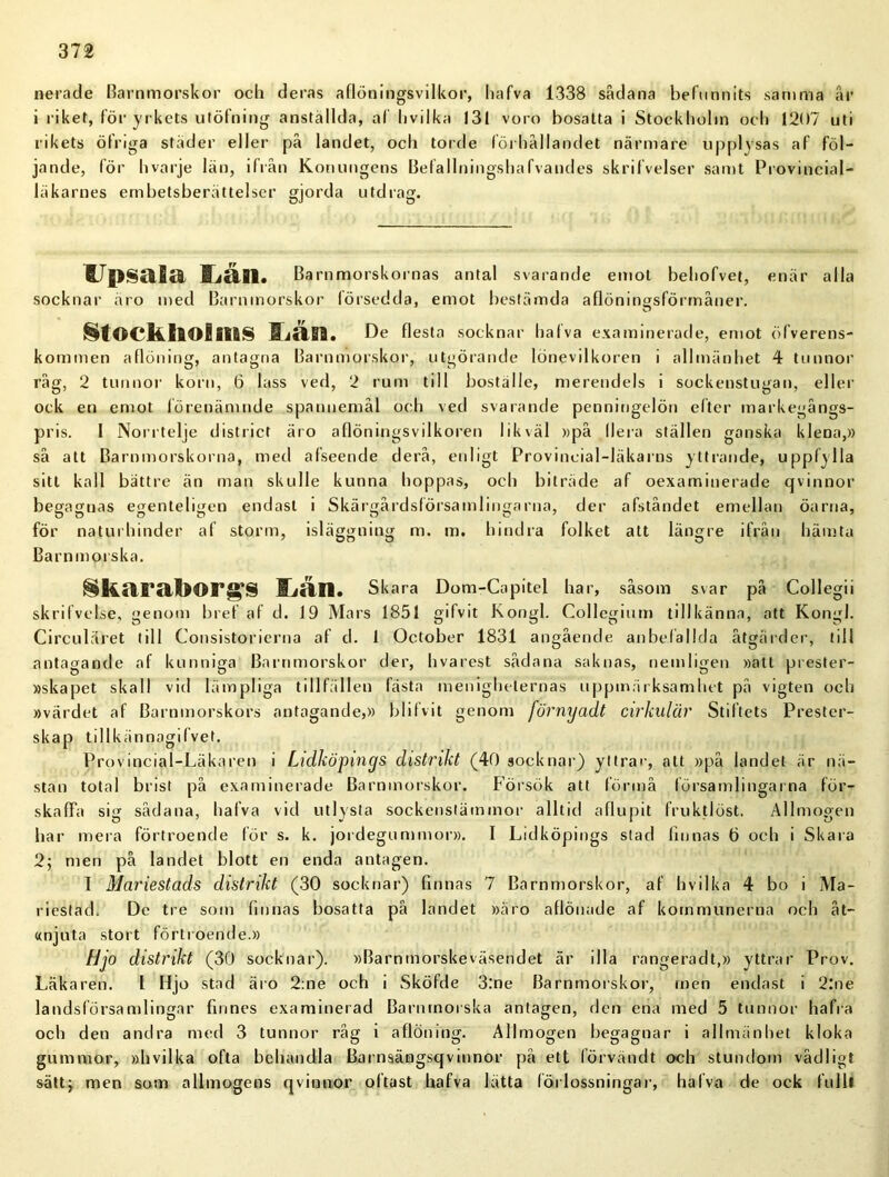 nerade Barnmorskor och deras aflöningsvilkor, hafva 1338 sådana befunnits samma år i riket, för yrkets utöfning anstålida, af livilka 131 voro bosatta i Stockholm och 1207 uti rikets öfriga städer eller på landet, och torde förhållandet närmare upplysas af föl- jande, för hvarje län, ifrån Konungens Befallningshafvandes skrifvelser samt Provincial- läkarnes em betsberättelser gjorda utdrag. Upsala liän. Barnmorskornas antal svarande emot behofvet, enär alla socknar äro med Barnmorskor försedda, emot bestämda aflöningsförmåner. O §t«cklioSi!is liän. De flesta socknar hafva examinerade, emot öfverens- kommen aflöning, antagna Barnmorskor, utgörande lönevilkoren i allmänhet 4 tunnor råg, 2 tunnor korn, 6 lass ved, 2 rum till boställe, merendels i sockenstugan, eller ock en emot förenämnde spannemål och ved svarande penningelön efter markegångs- pris. 1 Norrtelje district äro aflöningsvilkoren likväl »på Ilera ställen ganska klena,» så att Barnmorskorna, med afseende derå, enligt Provincial-läkarns yttrande, uppfylla sitt kall bättre än man skulle kunna hoppas, och biträde af oexaminerade qvinnor begagnas egenteligen endast i Skärgårdsförsamlingarna, der afståndet emellan öarna, för naturhinder af storm, isläggning m. m. hindra folket att längre ifrån hämta Barnmorska. Skaraborgs 1 aln. Skara Dom-Capitel har, såsom svar på Collegii skrifvetse, genom b ref af d. 19 Mars 1851 gifvit Kongl. Collegium tillkänna, att Kongl. Circuläret till Consistorierna af d. 1 October 1831 angående anbefallda åtgärder, till antagande af kunniga Barnmorskor der, hvarest sådana saknas, nemligen »att prester- »skapet skall vid lämpliga tillfällen fästa menighelernas uppmärksamhet på vigten och »värdet af Barnmorskors antagande,» blifvit genom förnyadt cirkulär Stiftets Prester- skap tillkännagilvet. Provincial-Läkaren i Lidköpings distrikt (40 socknar) yttrar, att »på landet är nä- stan total brist på examinerade Barnmorskor. Försök att förmå församlingarna för- skaffa sig sådana, hafva vid utlysta sockenstämmor alltid aflupit fruktlöst. Allmogen har mera förtroende för s. k. jordegummor». I Lidköpings stad finnas 6 och i Skara 2; men på landet blott en enda antagen. I Mariestads distrikt (30 socknar) finnas 7 Barnmorskor, af livilka 4 bo i Ma- riestad. De tre som finnas bosatta på landet »äro aflöhade af kommunerna och åt- «njuta stort förtroende.» Hjo distrikt (30 socknar). »Barnmorskeväsendet är illa rangeradt,» yttrar Prov. Läkaren. 1 Hjo stad äro 2:ne och i Sköfde 3:ne Barnmorskor, men endast i 2:ne landsförsamlingar finnes examinerad Barnmorska antagen, den ena med 5 tunnor hafra och den andra med 3 tunnor råg i aflöning. Allmogen begagnar i allmänhet kloka gummor, »h vil ka ofta behandla Barnsängsqvinnor på ett lörvändt och stundom vådligt sättj men som allmogens qvinnor oftast hafva lätta förlossningar, hafva de ock fullt