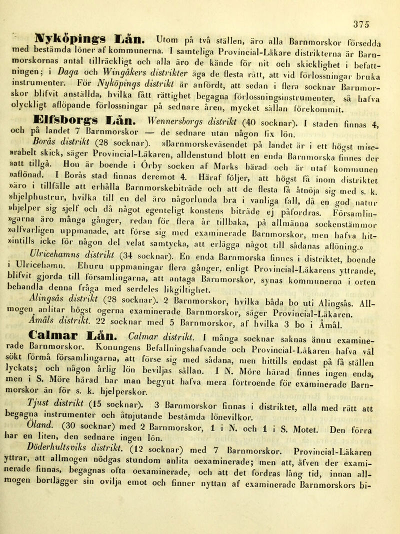 lian. Utom pa tva ställen, äro alla Barnmorskor försedda med bestämda löner af kommunerna. I sam teliga Provincial-Läkare distrikterna är Barn- morskornas antal tillräckligt och alla äro de kände för nit och skicklighet i befatt- ningen; i Daga och Wingåkers distrikter äga de flesta rätt, att vid förlossningar bruka lnslrumenter. För Nyköpings distrikt är anfördt, att sedan i flera socknar Barnmor- skor blifvit anstallda, hvilka lått rättighet begagna förlossningsinstrumenter, så halva olyckligt aflöpande förlossningar på sednare åren, mycket sällan förekommit. Elfsborgs liän. Wennersborgs distrikt (40 socknar). I staden finnas 4, och pa landet 7 Barnmorskor — de sednare utan någon fix lön. Borås distrikt (28 socknar). »Barnmorskeväsendet på landet är i ett hÖ<rst mise- »rabelt skick, sager Provincial-Läkaren, alldenstund blott en enda Barnmorska ffnnes der »att tdlga. Hon är boende i Örby socken af Marks härad och är utaf kommunen M 113 ’Ilf!nB°räS St3d finnaS deremot 4- Hä,af fö,jer. att högst få inom distriktet »aro i tillfälle att erhalla Barnmorskebiträde och att de flesta få åtnöja sig ir.ed s. k. »hjelphustrur, hvilka till en del äro någorlunda bra i vanliga fall, då en &god natur » ljelper sig sjell och då något egenteligt konstens biträde ej påfordras. Församlin- »garna aro många gånger, redan för flera år tillbaka, på allmänna sockenstämmor »alfvarfigen uppmanade, att förse sig med examinerade Barnmorskor, men hafva hit- »mtills icke för någon del velat samtycka, att erlägga något till sådanas aflöning.» Ulricehamns distrikt (34 socknar). En enda Barnmorska finnes i distriktet, boende i Uricehamn. Ehuru uppmaningar flera gånger, enligt Provincial-Läkarens yttrande, bl.fv,t gjorda t,II församlingarna, att antaga Barnmorskor, synas kommunerna i orten behandla denna fråga med serdeles likgiltighet. Alingsås distrikt (28 socknar). 2 Barnmorskor, hvilka båda bo uti Alingsås. All- mogen anlitar högst ogerna examinerade Barnmorskor, säger Provincial-Läka°ren. Amåls distrikt. 22 socknar med 5 Barnmorskor, af hvilka 3 bo i Åmål. CellIlftcH* iiilll. Calmar distrikt. I många socknar saknas ännu examine- rade Barnmorskor. Konungens Befallningshafvande och Provincial-Läkaren hafva väl sokt formå församlingarna, att förse sig med sådana, men hittills endast på få ställen Jyckats; och någon årlig lön beviljas sällan. I N. Möre härad finnes ingen enda, men i S. More harad har man begynt hafva mera förtroende för examinerade Barn- morskor än för s. k. hjelperskor. Tjust distrikt (15 socknar). 3 Barnmorskor finnas i distriktet, alla med rätt att begagna instrumenter och åtnjutande bestämda lönevilkor. Oland. (30 socknar) med 2 Barnmorskor, 1 i N. och 1 i S. Motet. Den förra har en liten, den sednare ingen lön. Doderhultsviks distrikt. (12 socknar) med 7 Barnmorskor. Provincial-Läkaren yttrar, att allmogen nodgas stundom anlita oexaminerade; men att, äfven der exami- nerade finnas, begagnas ofta oexaminerade, och att det fordras lång tid, innan all- moDen ort äggei sin ovilja emot och finner nyttan af examinerade Barnmorskors bi-