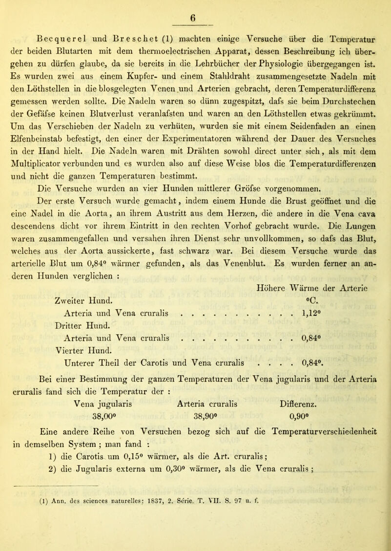 Becquerel und Brescliet (1) machten einige Versuche über die Temperatur der beiden Blutarten mit dem thermoelectrischen Apparat, dessen Beschreibung ich über- gehen zu dürfen glaube, da sie bereits in die Lehrbücher der Physiologie übergegangen ist. Es wurden zwei aus einem Kupfer- und einem Stahldraht zusammengesetzte Nadeln mit den Löthstellen in dieblosgelegten Venen.und Arterien gebracht, deren Temperaturdifferenz gemessen werden sollte. Die Nadeln waren so dünn zugespitzt, dafs sie beim Durchstechen der Gefäfse keinen Blutverlust veranlafsten und waren an den Löthstellen etwas gekrümmt. Um das Verschieben der Nadeln zu verhüten, wurden sie mit einem Seidenfaden an einen Elfenbeinstab befestigt, den einer der Experimentatoren während der Dauer des Versuches in der Hand hielt. Die Nadeln waren mit Drähten sowohl direct unter sich, als mit dem Multiplicator verbunden und es wurden also auf diese Weise blos die Temperaturdifferenzen und nicht die ganzen Temperaturen bestimmt. Die Versuche wurden an vier Hunden mittlerer Gröfse vorgenommen. Der erste Versuch wurde gemacht, indem einem Hunde die Brust geöffnet und die eine Nadel in die Aorta, an ihrem Austritt aus dem Herzen, die andere in die Vena cava descendens dicht vor ihrem Eintritt in den rechten Vorhof gebracht wurde. Die Lungen waren zusammengefallen und versahen ihren Dienst sehr unvollkommen, so dafs das Blut, welches aus der Aorta airssickerte, fast schwarz war. Bei diesem Versuche wurde das arterielle Blut um 0,84° wärmer gefunden, als das Venenblut. Es wurden ferner an an- deren Hunden verglichen : Höhere Wärme der Arterie Zweiter Hund. °C. Arteria und Vena cruralis 1,12° Dritter Hund. Arteria und Vena cruralis 0,84° Vierter Hund. Unterer Theil der Carotis und Vena cruralis .... 0,84°. Bei einer Bestimmung der ganzen Temperaturen der Vena jugularis und der Arteria cruralis fand sich die Temperatur der : Vena jugularis Arteria cruralis Differenz. 38,00° 38,90° 0,90° Eine andere Reihe von Versuchen bezog sich auf die Temperaturverschiedenheit in demselben System ; man fand : 1) die Carotis um 0,15° wärmer, als die Art. cruralis; 2) die Jugularis externa um 0,30° wärmer, als die Vena cruralis ; (1) Ann. des Sciences naturelles; 1837, 2. Serie. T. VII. S. 97 u. f.