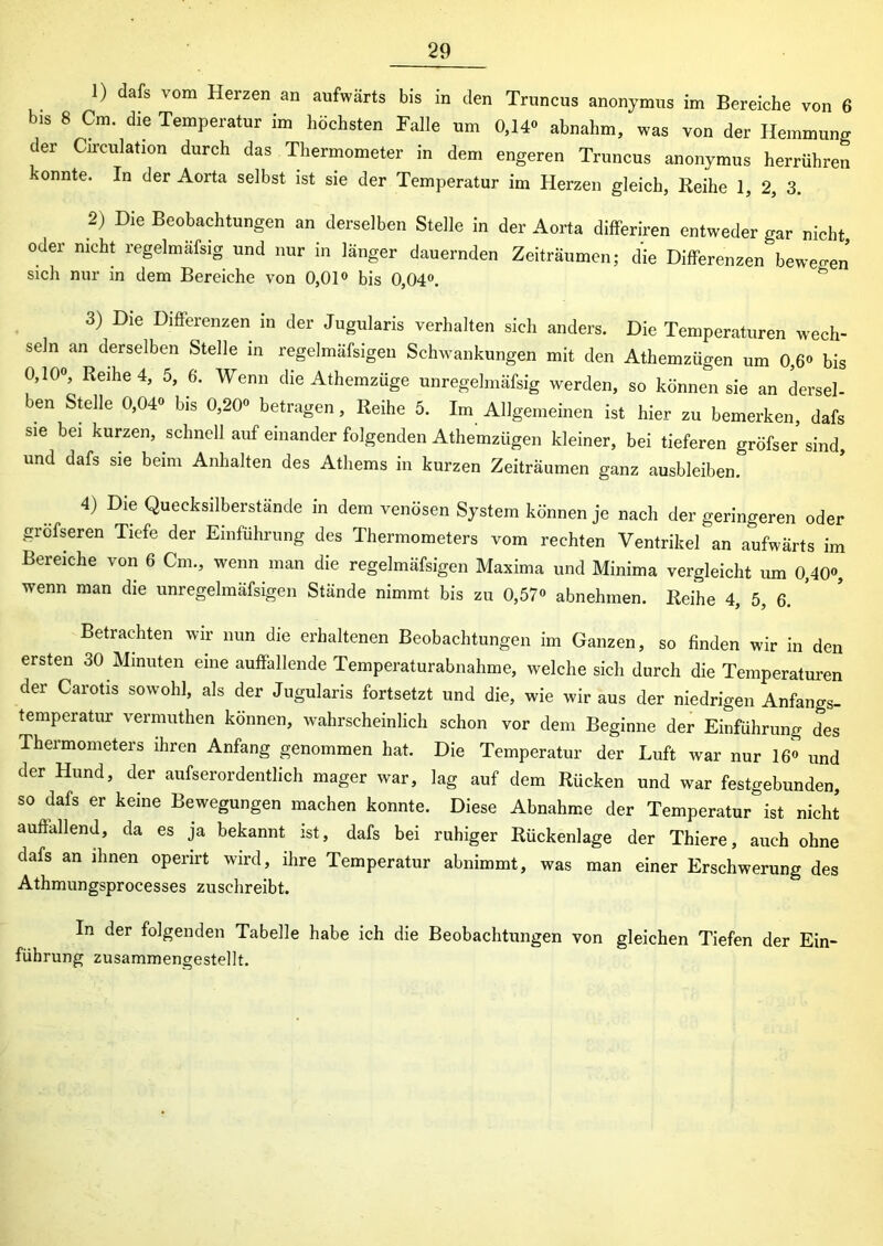 1) dafs vom Herzen an aufwärts bis in den Truncus anonymus im Bereiche von 6 bis 8 Cm. die Temperatur im höchsten Falle um 0,14« abnahm, was von der Hemmung der Cireulation durch das Thermometer in dem engeren Truncus anonymus herrühren konnte. In der Aorta selbst ist sie der Temperatur im Herzen gleich, Reihe 1, 2, 3. 2) Die Beobachtungen an derselben Stelle in der Aorta differiren entweder gar nicht, oder nicht regelmäfsig und nur in länger dauernden Zeiträumen; die Differenzen bewegen sich nur in dem Bereiche von 0,01° bis 0,04°. 3) Die Differenzen in der Jugularis verhalten sich anders. Die Temperaturen wech- seln an derselben Stelle in regelmäfsigen Schwankungen mit den Athemzügen um 0,6° bis 0,10o, Reihe 4, 5, 6. Wenn die Athemzüge unregelmäfsig werden, so können sie an dersel- ben Stelle 0,04o bis 0,20« betragen, Reihe 5. Im Allgemeinen ist hier zu bemerken, dafs sie bei kurzen, schnell auf einander folgenden Athemzügen kleiner, bei tieferen gröfser sind, und dafs sie beim Anhalten des Atliems in kurzen Zeiträumen ganz ausbleiben. 4) Die Quecksilberstände in dem venösen System können je nach der geringeren oder gröfseren Tiefe der Einführung des Thermometers vom rechten Ventrikel an aufwärts im Bereiche von 6 Cm., wenn man die regelmäfsigen Maxima und Minima vergleicht um 0,40°, wenn man die unregelmäfsigen Stände nimmt bis zu 0,57° abnehmen. Reihe 4, 5, 6. Betrachten wir nun die erhaltenen Beobachtungen im Ganzen, so finden wir in den ersten 30 Minuten eine auffallende Temperaturabnahme, welche sich durch die Temperaturen der Carotis sowohl, als der Jugularis fortsetzt und die, wie wir aus der niedrigen Anfangs- temperatur vermuthen können, wahrscheinlich schon vor dem Beginne der Einführung des Thermometers ihren Anfang genommen hat. Die Temperatur der Luft war nur 16° und der Hund, der aufserordentlich mager war, lag auf dem Rücken und war festgebunden, so dafs er keine Bewegungen machen konnte. Diese Abnahme der Temperatur ist nicht auffallend, da es ja bekannt ist, dafs bei ruhiger Rückenlage der Thiere, auch ohne dafs an ihnen operirt wird, ihre Temperatur abnimmt, was man einer Erschwerung des Athmungsprocesses zuschreibt. In der folgenden Tabelle habe ich die Beobachtungen von gleichen Tiefen der Ein- führung zusammengestellt.