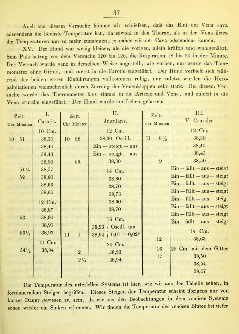 Auch aus diesem Versuche können wir schliefsen, dafs das Blut der Vena eava adscendens die höchste Temperatur hat, da sowohl in den Thorax, als in der Vena iliaca die Temperaturen um so mehr Zunahmen, je näher wir der Cava adscendens kamen. XV. Der Hund war wenig kleiner, als die vorigen, allein kräftig und wohlgenährt. Sein Puls betrug vor dem Versuche 120 bis 125, die Respiration 18 bis 20 in der Minute. Der Versuch wurde ganz in derselben Weise angestellt, wie vorher, nur wurde das Ther- mometer ohne Gitter, und zuerst in die Carotis eingeführt. Der Hund verhielt sich wäh- rend der beiden ersten Einführungen vollkommen ruhig, nur zuletzt wurden die Herz- palpitationen wahrscheinlich durch Zerrung der Venenklappen sehr stark. Bei diesem Ver- suche wurde das Thermometer blos einmal in die Arterie und Vene, und zuletzt in die Vena cruralis eingeführt. Der Hund wurde am Leben gelassen. Zeit. I. Zeit. II. Zeit. Uhr Minuten Carotis. Uhr Minuten Jugularis. Uhr Minuten 10 Cm. 12 Cm. 10 51 38,30 10 58 38,30 Oscill. 11 8% 38,40 Ein — steigt — aus 38,43 Ein — steigt — aus 38,50 59 38,30 9 51 % 38,57 14 Cm. 52 38,60 38,60 38,63 38,70 38,60 38,73 12 Cm. 38,60 38,87 38,70 53 38,90 16 Cm. 38,91 38,93 | Oscill. um 53% 38,93 11 1 38,94 0,01 —0,02° ' 12 14 Cm. 20 Cm. 54% 38,94 2 38,93 16 17 2% 38,94 III. V. Cruralis. 12 Cm. 38,30 38,40 38,43 38,50 Ein — fällt — aus — steigt Ein — fällt — aus — steigt Ein — fällt — aus — steigt Ein — fällt — aus — steigt Ein — fällt — aus — steigt Ein — fällt — aus — steigt Ein — fällt — aus — steigt Ein — fällt — aus — steigt 14 Cm. 38,63 25 Cm. mit dem Gitter 38,50 38,54 38,07 Die Temperatur des arteriellen Systems ist hier, wie wir aus der Tabelle sehen, in fortdauerndem Steigen begriffen. Dieses Steigen der Temperatur scheint übrigens nur von kurzer Dauer gewesen zu sein, da wir aus den Beobachtungen in dem venösen Systeme schon wdeder ein Sinken erkennen. Wir finden die Temperatur des venösen Blutes bei tiefer