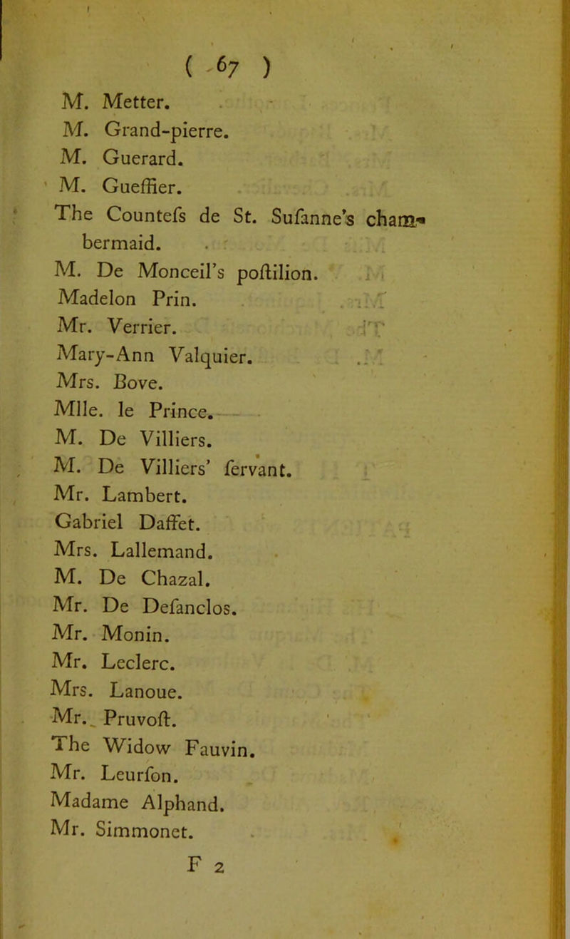 t < ( -67 ) M. Metter. M. Grand-pierre. M. Guerard. M. Gueffier. The Countefs de St. Sufannes cham« bermaid. M. De Monceil’s poftilion. Madelon Prin. Mr. Verrier. Mary-Ann Valquier. Mrs. Bove. Mile, le Prince. M. De Villiers. M. De Villiers’ fervant. Mr. Lambert. Gabriel Daffet. Mrs. Lallemand. M. De Chazal. Mr. De Defanclos. Mr. Monin. Mr. Leclerc. Mrs. Lanoue. Mr.^ Pruvoft. The Widow Fauvin. Mr. Leurfon. Madame Alphand. Mr. Simmonet.