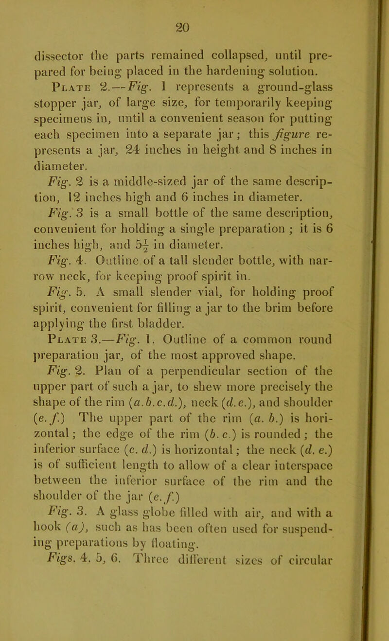 dissector the parts remained collapsed, until pre- pared for being placed in the hardening solution. Plate 2. — Fig. 1 represents a ground-glass stopper jar, of large size, for temporarily keeping specimens in, until a convenient season for putting each specimen into a separate jar; this figure re- presents a jar, 24 inches in height and 8 inches in diameter. Fig. 2 is a middle-sized jar of the same descrip- tion, 12 inches high and 6 inches in diameter. Fig. 3 is a small bottle of the same description, convenient for holding a single preparation ; it is 6 inches high, and in diameter. Fig. 4 Outline of a tall slender bottle, with nar- row neck, for keeping proof spirit in. Fig. 5. A small slender vial, for holding proof spirit, convenient for filling a jar to the brim before applying the first bladder. Plate 3.—Fig. 1. Outline of a common round preparation jar, of the most approved shape. Fig. 2. Plan of a perpendicular section of the upper part of such ajar, to shew more precisely the shape of the rim (a. b.c.d.), neck (<Z.e.), and shoulder (e./.) The upper part of the rim (a. b.) is hori- zontal ; the edge of the rim (6. c.) is rounded ; the inferior surface (c. d.) is horizontal; the neck (d. e.) is o( sufficient length to allow of a clear interspace between the inferior surface of the rim and the shoulder of the jar (c. f.) Fig. 3. A glass globe filled with air, and with a hook (a), such as has been often used for suspend- ing preparations by floating. Figs. 4. 5, 6. Three different sizes of circular