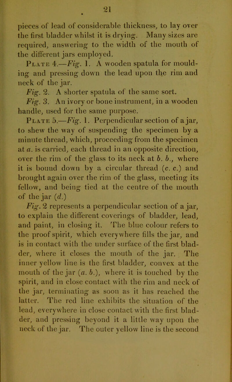 pieces of lead of considerable thickness, to lay over the first bladder whilst it is drying. Many sizes are required, answering to the width of the mouth of the different jars employed. Plate 4.—Fig. 1. A wooden spatula for mould- ing and pressing down the lead upon the rim and neck of the jar. Fig. 2. A shorter spatula of the same sort. Fig. 3. An ivory or bone instrument, in a wooden handle, used for the same purpose. Plate 5.—Fig. 1. Perpendicular section of a jar, to shew the way of suspending the specimen by a minute thread, which, proceeding from the specimen at a. is carried, each thread in an opposite direction, over the rim of the glass to its neck at b. b., where it is bound down by a circular thread (c. c.) and brought again over the rim of the glass, meeting its fellow', and being tied at the centre of the mouth of the jar (d.) Fig.2 represents a perpendicular section of ajar, to explain the different coverings of bladder, lead, and paint, in closing it. The blue colour refers to the proof spirit, which everywhere fills the jar, and is in contact with the under surface of the first blad- der, where it closes the mouth of the jar. The inner yellow line is the first bladder, convex at the mouth of the jar (a. b.), where it is touched by the spirit, and in close contact with the rim and neck of the jar, terminating as soon as it has reached the latter. The red line exhibits the situation of the lead, everywhere in close contact with the first blad- der, and pressing beyond it a little way upon the neck of the jar. The outer yellow line is the second