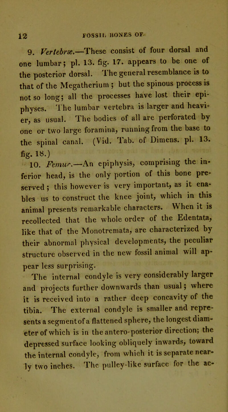 9. Vertebrsc.—These consist of four dorsal and one lumbar; pi. 13. fig. 17. appears to be one of the posterior dorsal. T he general resemblance is to that of the Megatherium ; but the spinous process is not so long; all the processes have lost their epi- physes. The lumbar vertebra is larger and heavi- er, as usual. The bodies of all are perforated by one or two large foramina, running from the base to the spinal canal. (Vid. lab. of Dimens. pi. 13. fig. 18.) 10. Femur.—An epiphysis, comprising the in- ferior head, is the only portion of this bone pre- served ; this however is very important, as it ena- bles us to construct the knee joint, which in this animal presents remarkable characters. When it is recollected that the whole order of the Edentata, like that of the Monotremata, are characterized by their abnormal physical developments, the peculiar structure observed in the new fossil animal will ap- pear less surprising. The internal condyle is very considerably larger and projects further downwards than usual; where it is received into a rather deep concavity of the tibia. The external condyle is smaller and repre- sents a segmentof a flattened sphere, the longest diam- eter of which is in the antero-posterior direction; the depressed surface looking obliquely inwards, toward the internal condyle, from which it is separate near- ly two inches. The pulley-like surface for the ac-