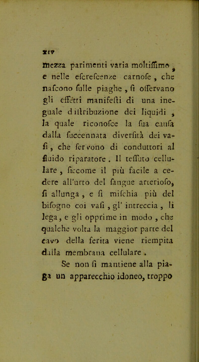 *IV mezza parimenti varia moltiflìmo e nelle efcrefcenze carnofe , che nafcono falle piaghe , fi olfervano gli effetti manifefii di una ine- guale d ifiribuzione dei liquidi , la quale riconofce la fua caufa dalla fuccennata diverfità dei va- fi, che fervono di conduttori al fluido riparatore . Il tefluto cellu- lare , ficcome il piu facile a ce- dere all’urto del fangue arteriofo, fi allunga , e fi mifchia più del bifogno coi vali , gl’ intreccia , li lega, e gli opprime in modo , che qualche volta la maggior parte del cavo della ferita viene riempita dalla membrana cellulare . Se non fi mantiene alla pia- ga un apparecchio idoneo, troppo i