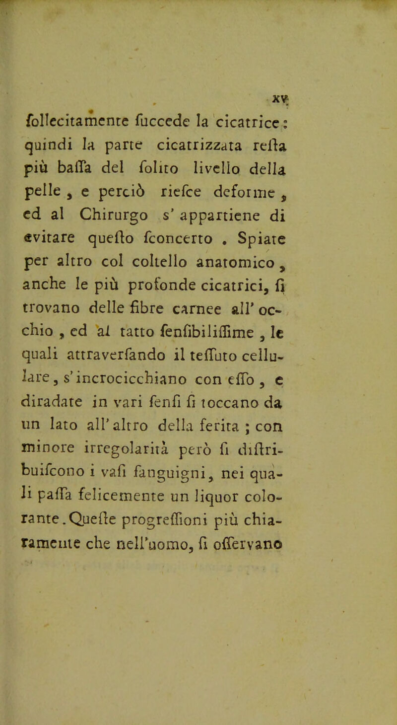 follecitamcntc fuccede la cicatrice: quindi la parte cicatrizzata reila più baila del fohto livello della pelle , e perciò riefce deforme , ed al Chirurgo s’ appartiene di «virare quello (concerto . Spiate per altro col coltello anatomico , anche le più profonde cicatrici, fi trovano delle fibre carnee all* oc- chio , cd al tatto fenfibilifiìme , le quali attraverfando il tefiuto cellu- lare, s’incrocicchiano con e fio , e diradate in vari fenfi fi toccano da un lato all’altro della ferita ; con minore irregolarità però fi diftri- buifcono i vafì fanguigni, nei qua- li pafia felicemente un liquor colo- rante.Quefie progrefiìoni più chia- ramente che nell’uomo, fi ofiervano