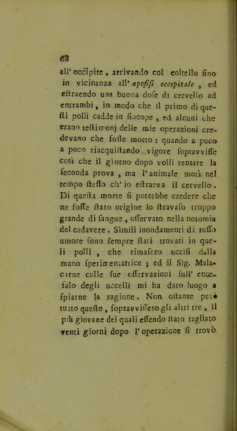 all’occipite, arrivando col coltello fino in vicinanza all* apofifi occipitale , ed efiraendo una buona dofe di cervello ad entrambi, in modo che il primo di que- lli polli cadde in fiiicope , ed alcuni che erano teftirronj delle mie operazioni cre- devano che folle morto : quando a poco a poco riacquifiando vigore fopravvifle così che il giorno dopo volli tentare la feconda prova , ma l’animale morì, nel tempo fteflo eh’ io eilraeva il cervello . Di quella morte fi potrebbe credere che ne folle fiato origine lo ftravafo troppo grande di fangue , ofiervato nella notomia del cadavere . Simili inondamenti di rolTo umore fono Tempre fiati trovati in que- li polli , che rimafero uccifi dalla mano fperiiTentatiice ; ed il Sig. Mala* cime colle fue efiervazioni full’ ence- falo degli uccelli mi ha dato luogo a fpiarne la ragione. Non oliarne pei# tutto quello , fopravvifle togli altri tre , il pih giovane dei quali etfendo fiato tagliato venti giorni dopo l'operazione fi trovò